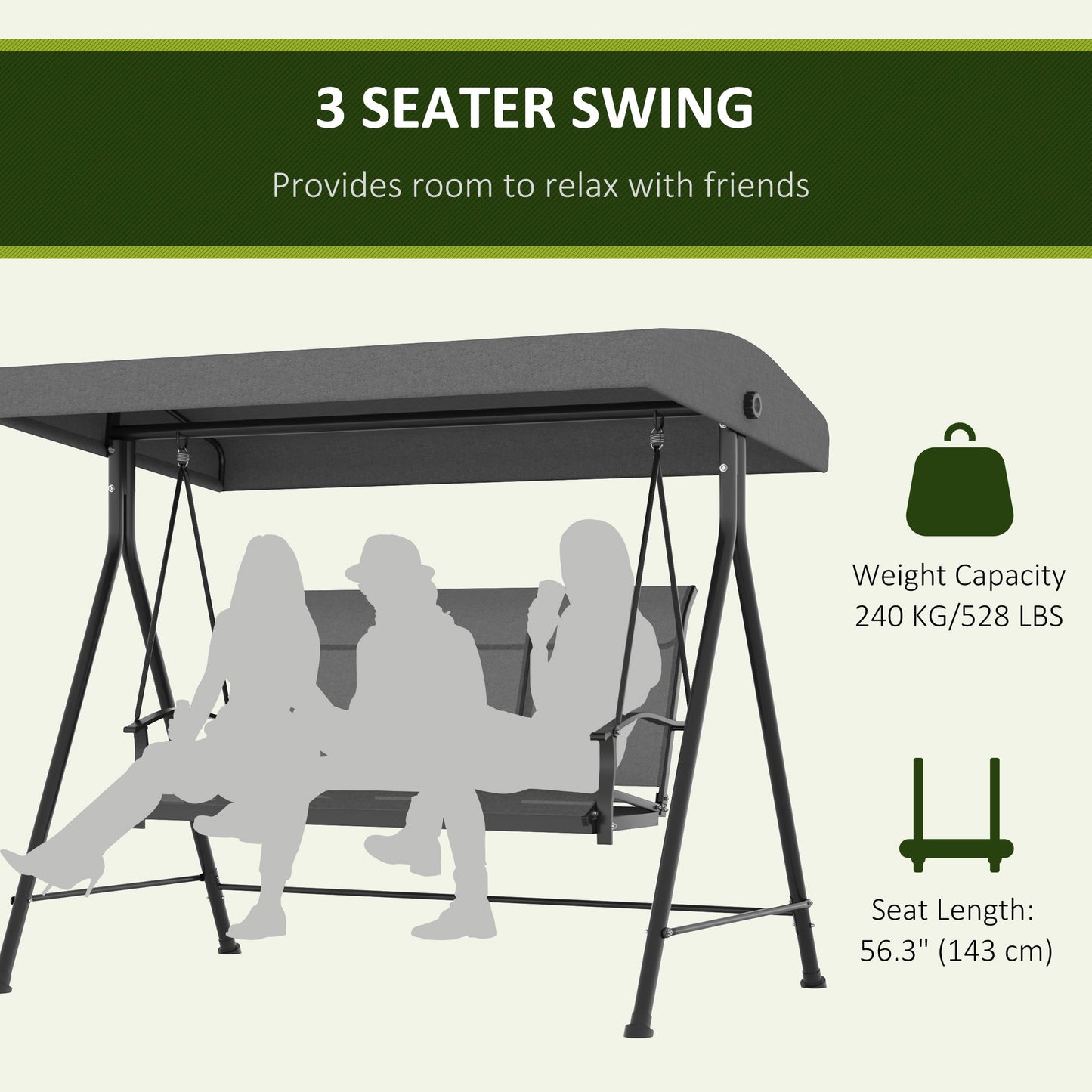 3 Seater Outdoor Swing Chair with Adjustable Canopy, Metal Porch Swing Bench for Patio, Garden, Backyard, Lawn, Dark Grey