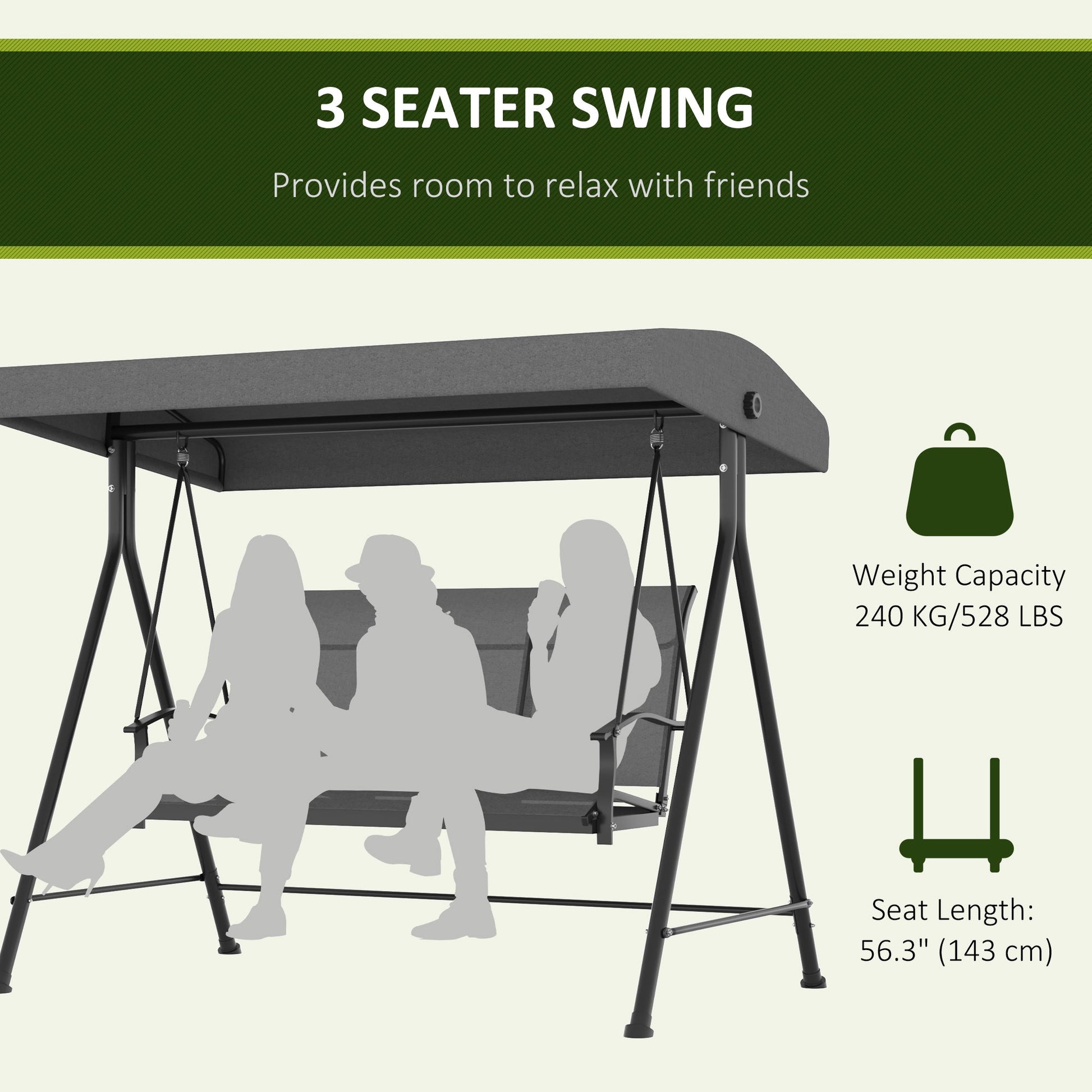 3 Seater Outdoor Swing Chair with Adjustable Canopy, Metal Porch Swing Bench for Patio, Garden, Backyard, Lawn, Dark Grey