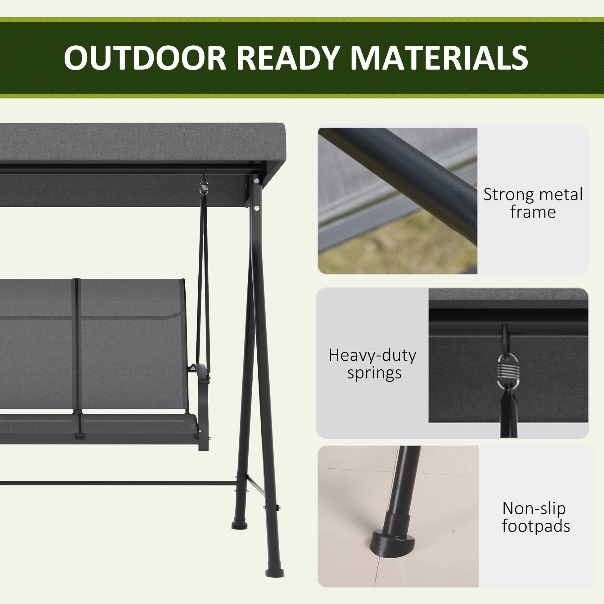 3 Seater Outdoor Swing Chair with Adjustable Canopy, Metal Porch Swing Bench for Patio, Garden, Backyard, Lawn, Dark Grey