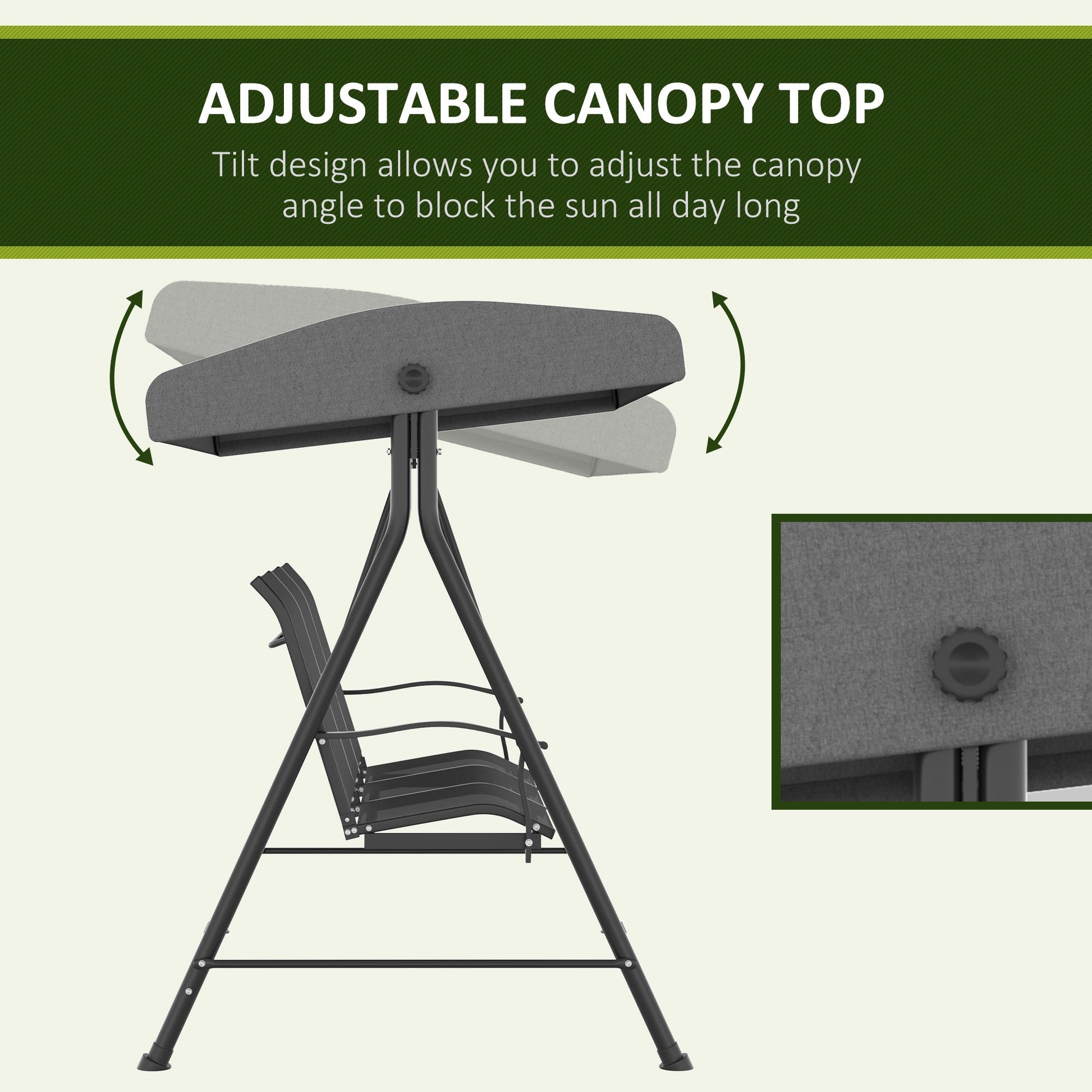 3 Seater Outdoor Swing Chair with Adjustable Canopy, Metal Porch Swing Bench for Patio, Garden, Backyard, Lawn, Dark Grey