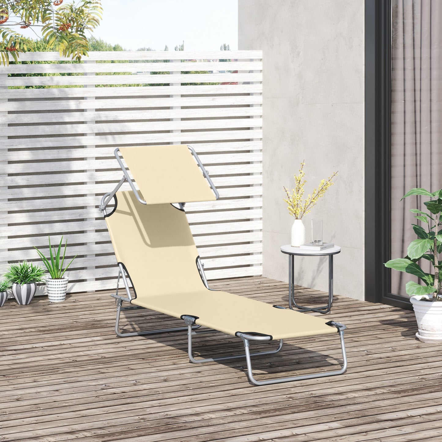 Outdoor Lounge Chair, Adjustable Folding Chaise Lounge, Tanning Chair with Sun Shade for Beach, Camping, Hiking, Backyard, Beige