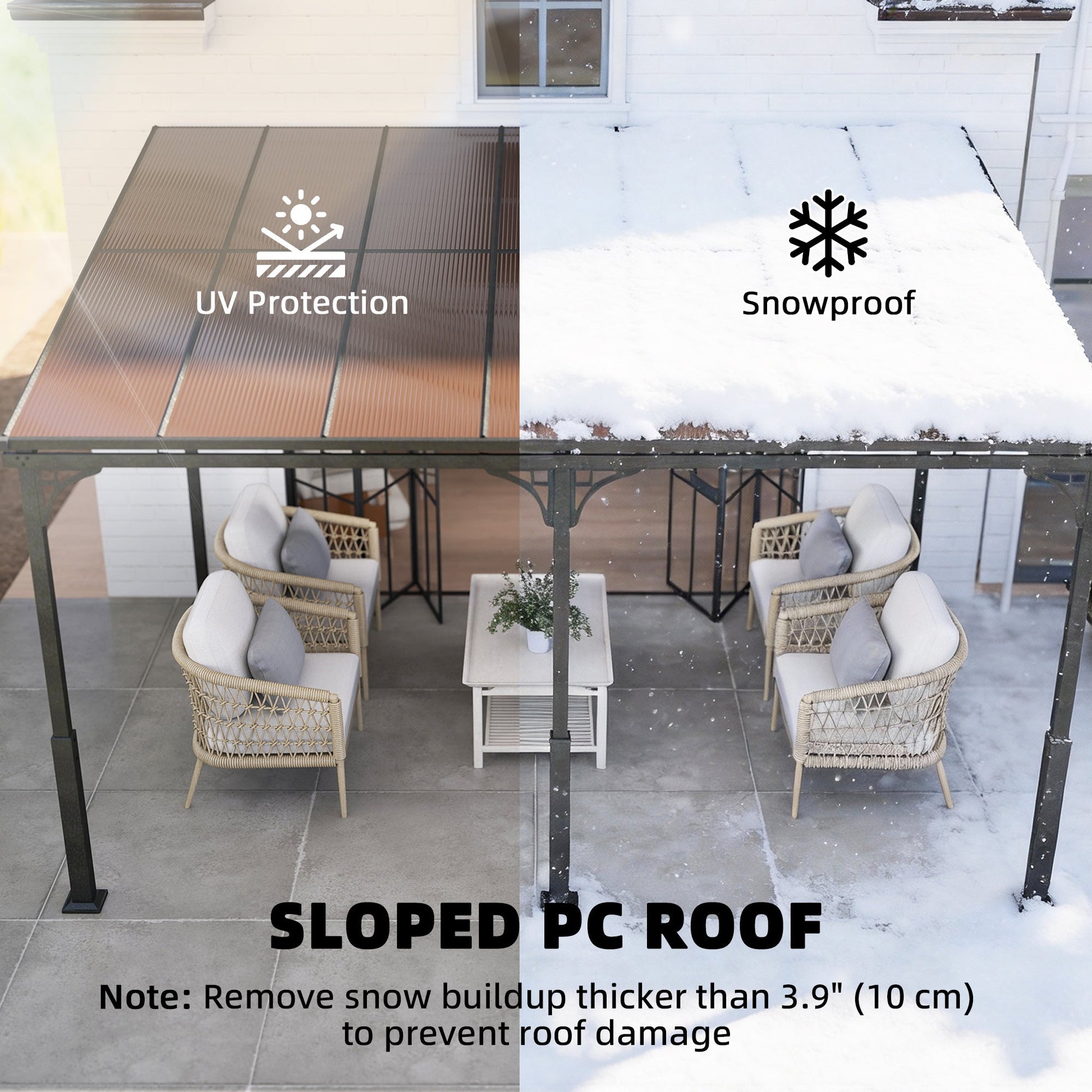 13' x 10' Lean to Gazebo, Hardtop Wall Mounted Outdoor Pergola with Polycarbonate Roof and Metal-Aluminium Frame, Heavy Duty Metal Pergola for Patio Deck Backyard, Brown