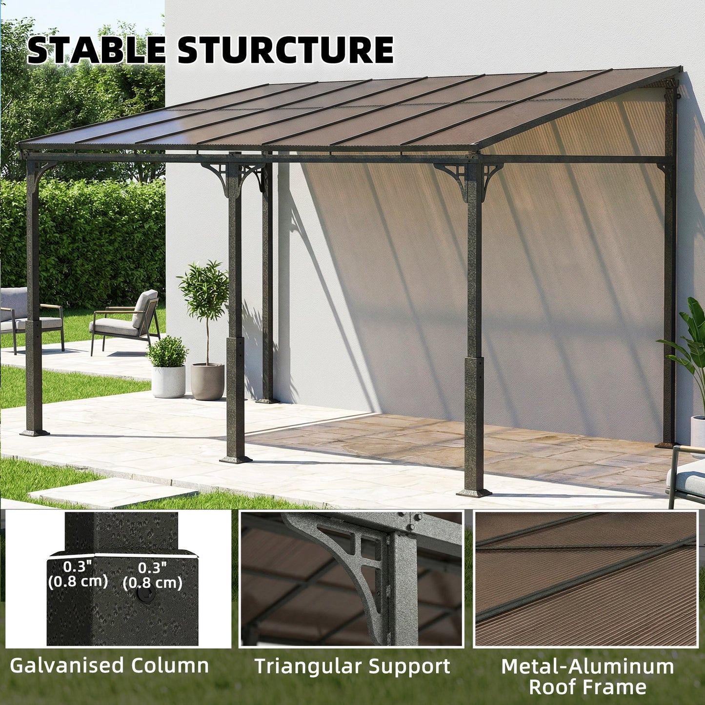 13' x 10' Lean to Gazebo, Hardtop Wall Mounted Outdoor Pergola with Polycarbonate Roof and Metal-Aluminium Frame, Heavy Duty Metal Pergola for Patio Deck Backyard, Brown