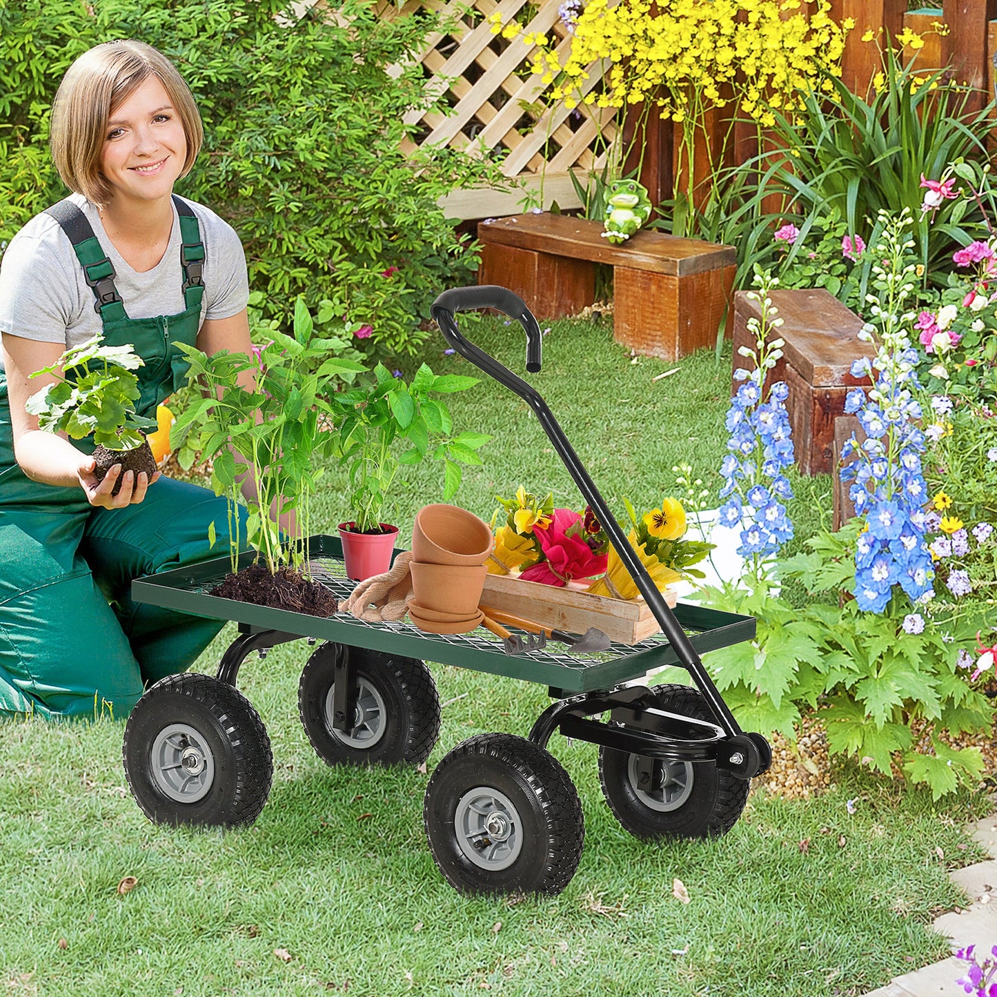 Heavy Duty Garden Wagon Cart, Utility Wagon Cart with Metal Frame, 10" Wheels and 180° Rotating Handle, 330 lbs Capacity, for Garden, Beach, Lawn, Black