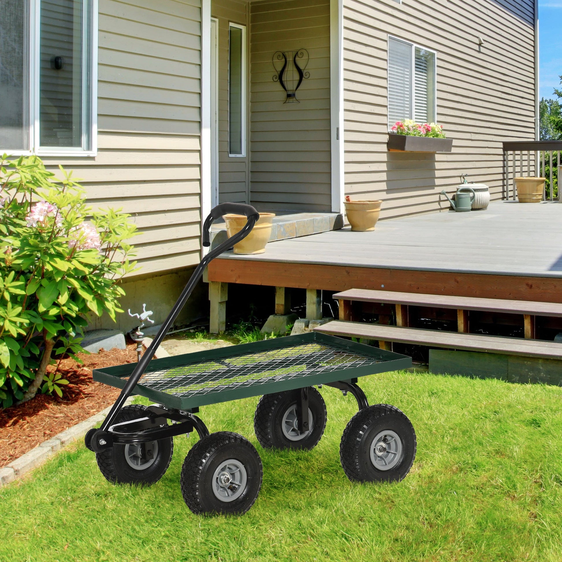 Heavy Duty Garden Wagon Cart, Utility Wagon Cart with Metal Frame, 10" Wheels and 180° Rotating Handle, 330 lbs Capacity, for Garden, Beach, Lawn, Black