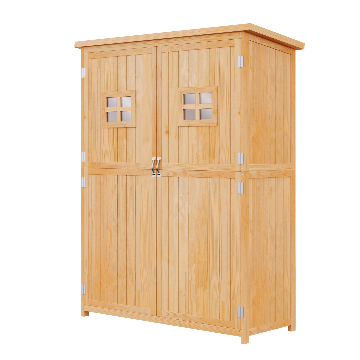 4 x 1.5ft Wooden Garden Shed with Two Windows, Outdoor Tool Storage Cabinet Organizer, Double Door, Nature Wood