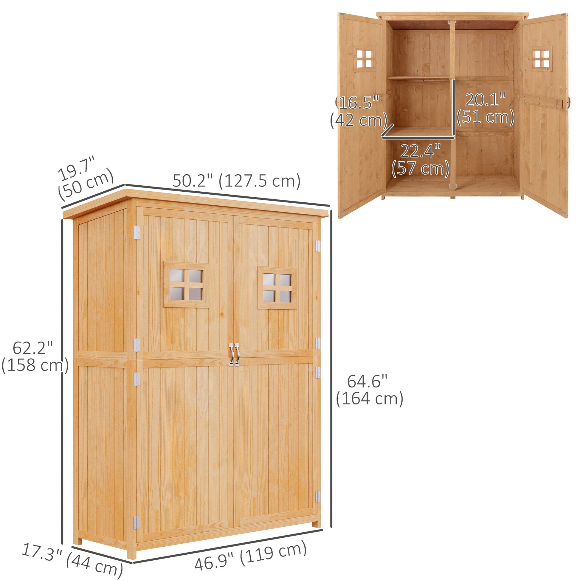 4 x 1.5ft Wooden Garden Shed with Two Windows, Outdoor Tool Storage Cabinet Organizer, Double Door, Nature Wood
