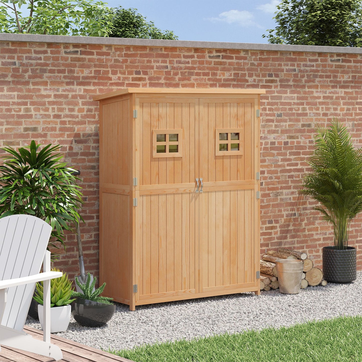 4 x 1.5ft Wooden Garden Shed with Two Windows, Outdoor Tool Storage Cabinet Organizer, Double Door, Nature Wood
