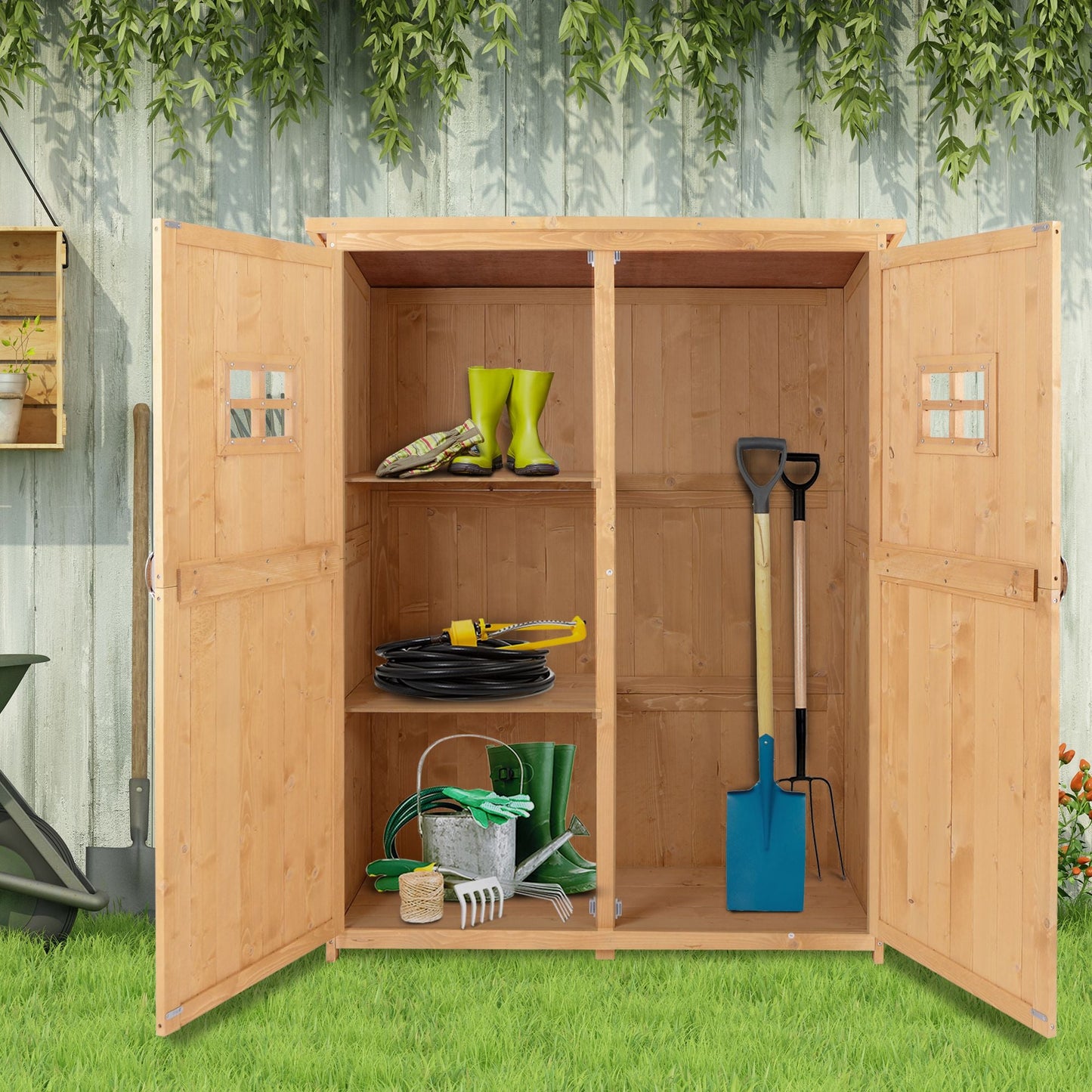 4 x 1.5ft Wooden Garden Shed with Two Windows, Outdoor Tool Storage Cabinet Organizer, Double Door, Nature Wood