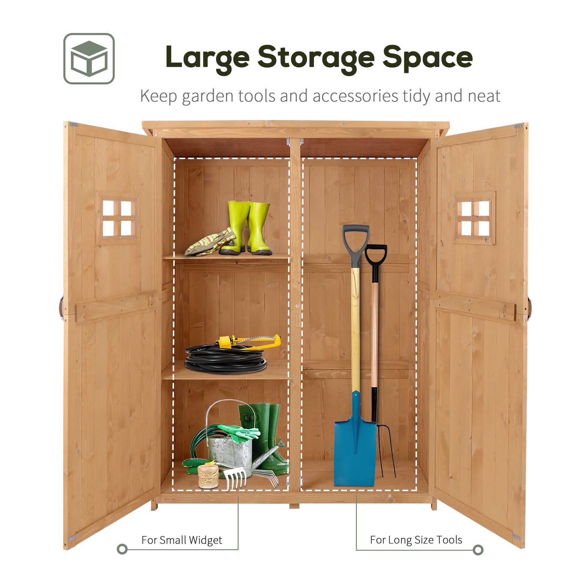 4 x 1.5ft Wooden Garden Shed with Two Windows, Outdoor Tool Storage Cabinet Organizer, Double Door, Nature Wood