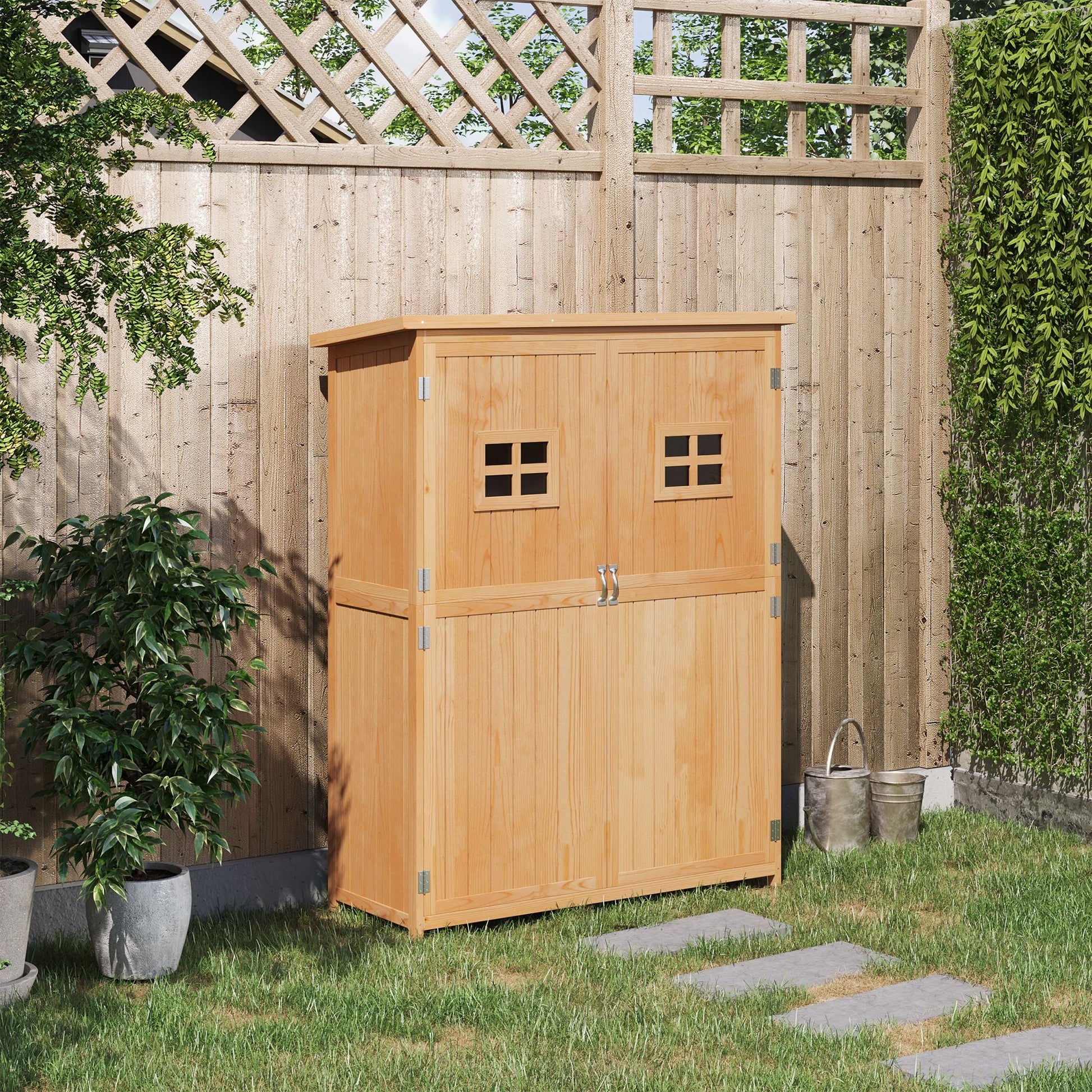 4 x 1.5ft Wooden Garden Shed with Two Windows, Outdoor Tool Storage Cabinet Organizer, Double Door, Nature Wood