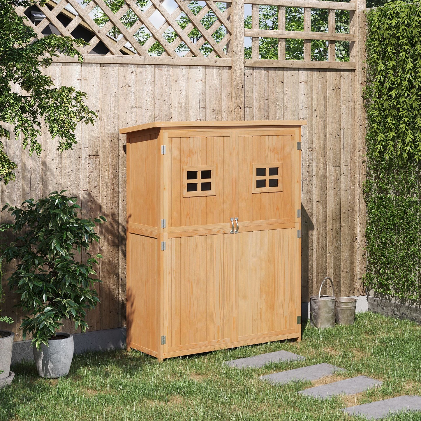 4 x 1.5ft Wooden Garden Shed with Two Windows, Outdoor Tool Storage Cabinet Organizer, Double Door, Nature Wood