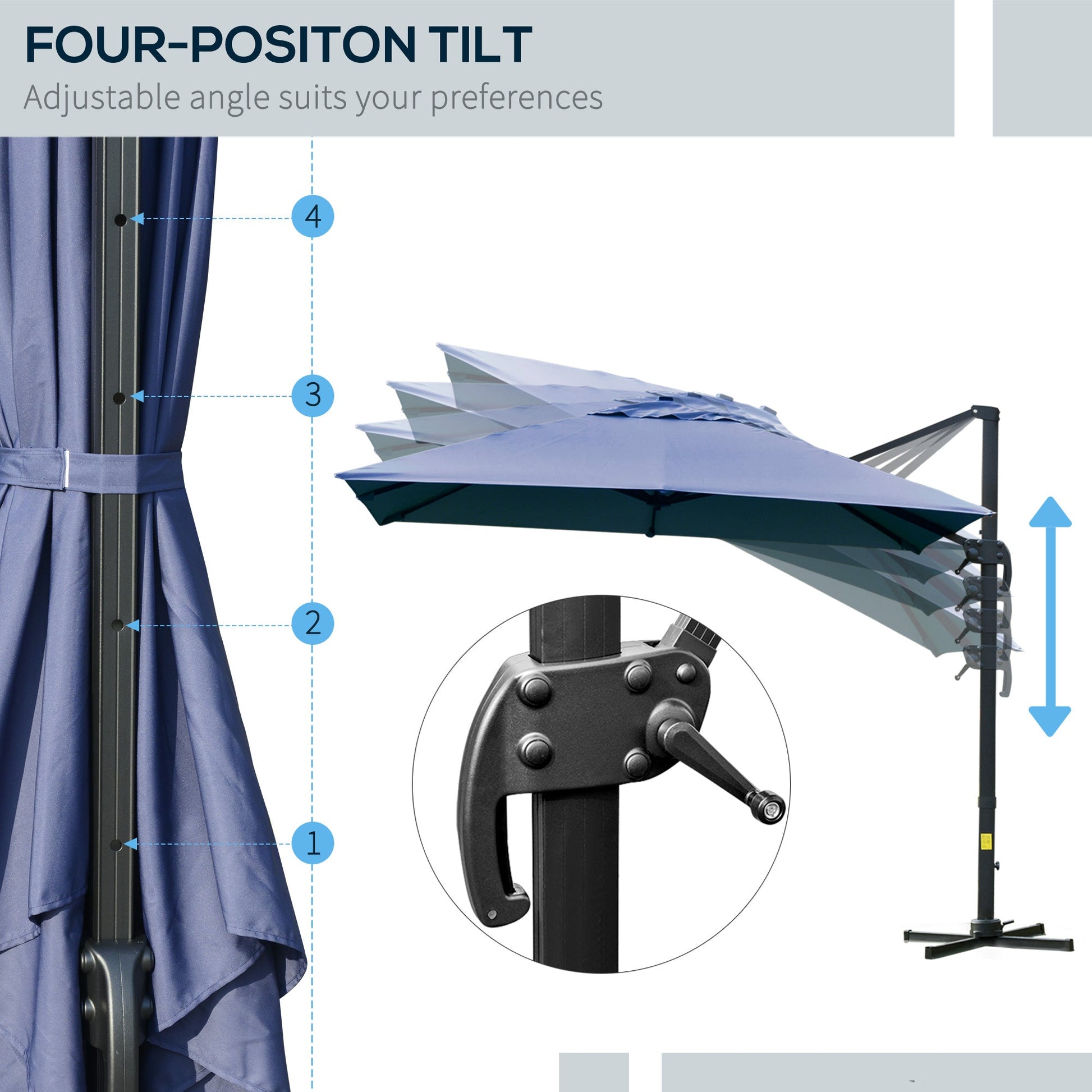 10x10ft Cantilever Umbrella with 4 Adjustable Angle and Rotation, Square Top Market Parasol with Aluminum Pole and Ribs for Backyard Patio Outdoor Area, Blue