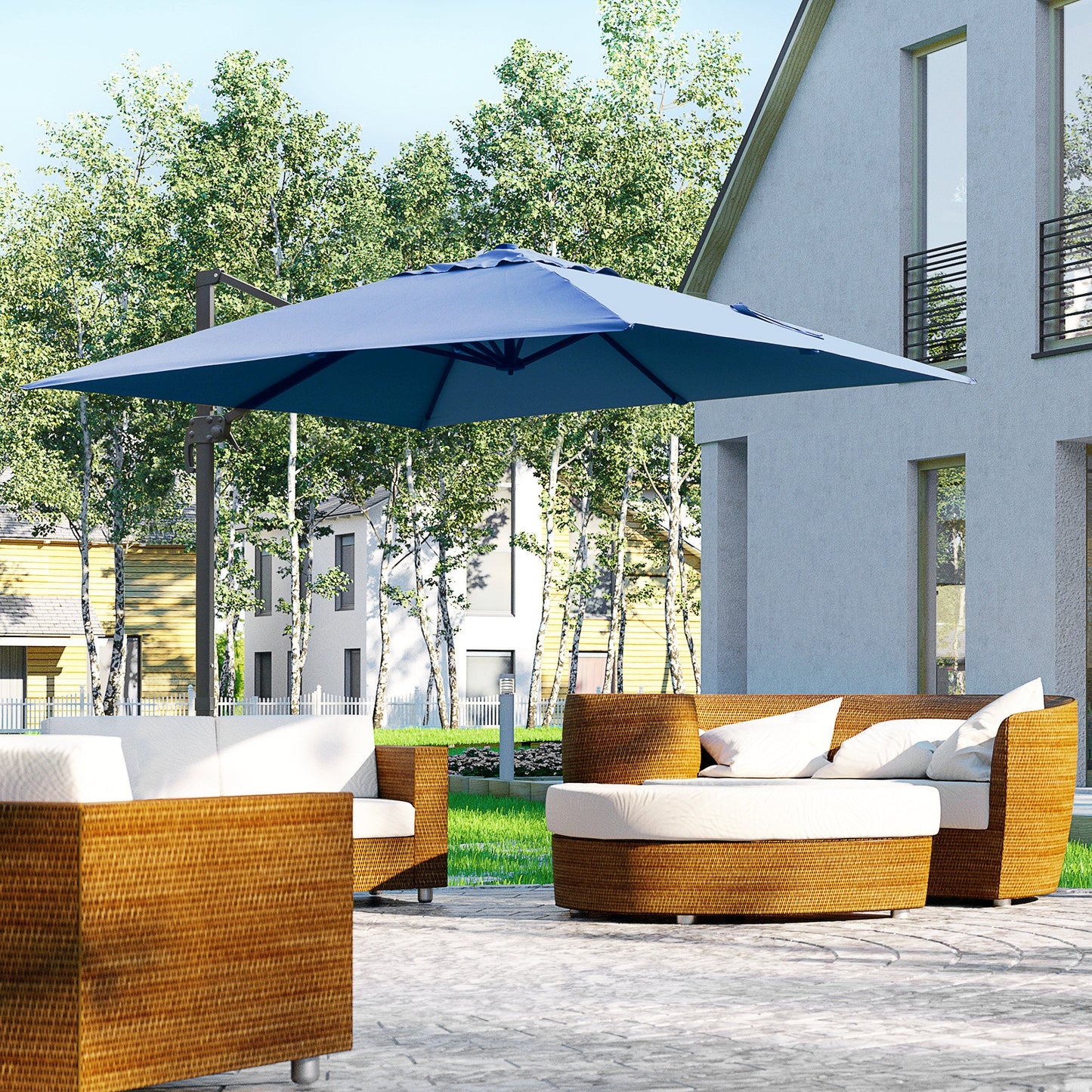 10x10ft Cantilever Umbrella with 4 Adjustable Angle and Rotation, Square Top Market Parasol with Aluminum Pole and Ribs for Backyard Patio Outdoor Area, Blue