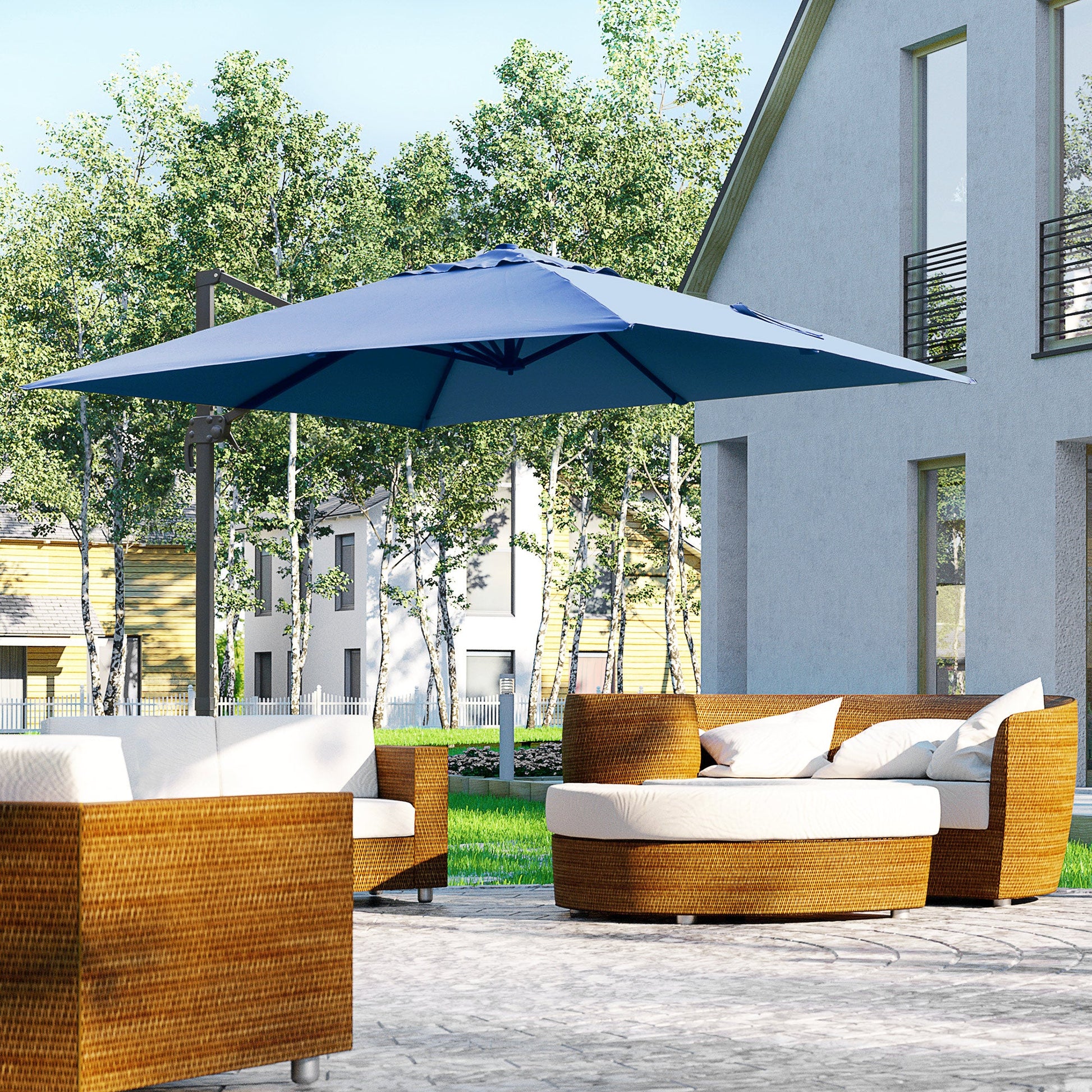 10x10ft Cantilever Umbrella with 4 Adjustable Angle and Rotation, Square Top Market Parasol with Aluminum Pole and Ribs for Backyard Patio Outdoor Area, Blue