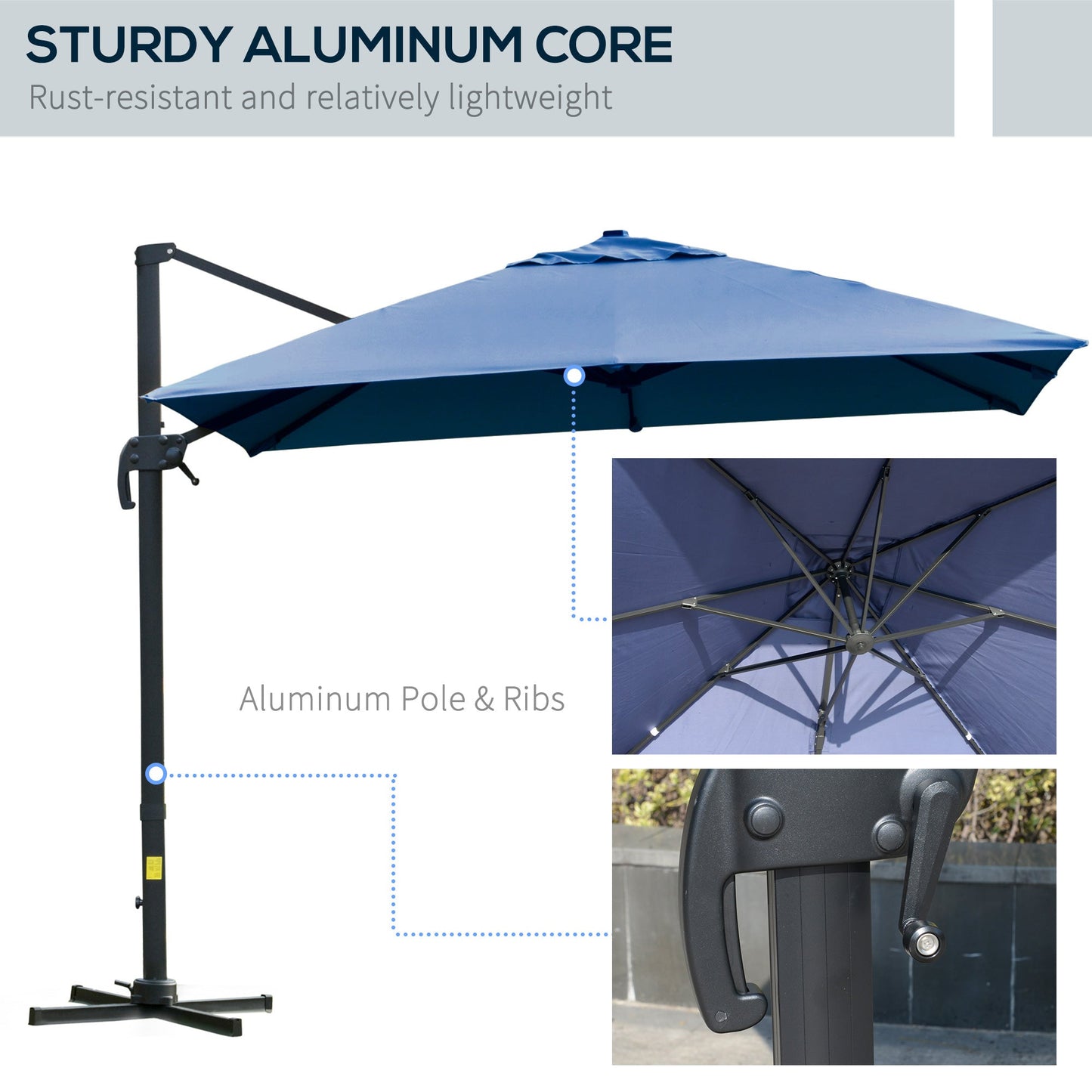 10x10ft Cantilever Umbrella with 4 Adjustable Angle and Rotation, Square Top Market Parasol with Aluminum Pole and Ribs for Backyard Patio Outdoor Area, Blue