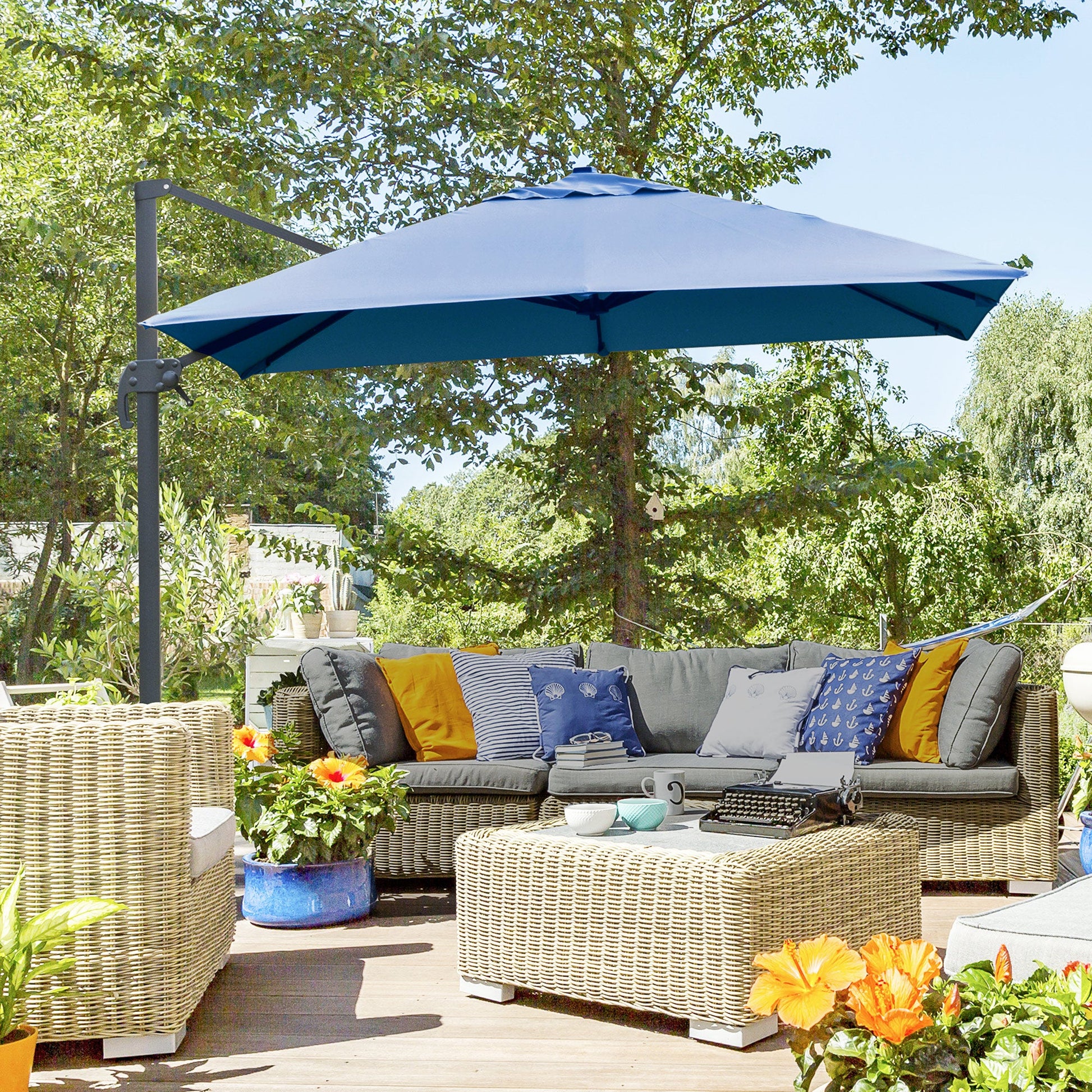 10x10ft Cantilever Umbrella with 4 Adjustable Angle and Rotation, Square Top Market Parasol with Aluminum Pole and Ribs for Backyard Patio Outdoor Area, Blue