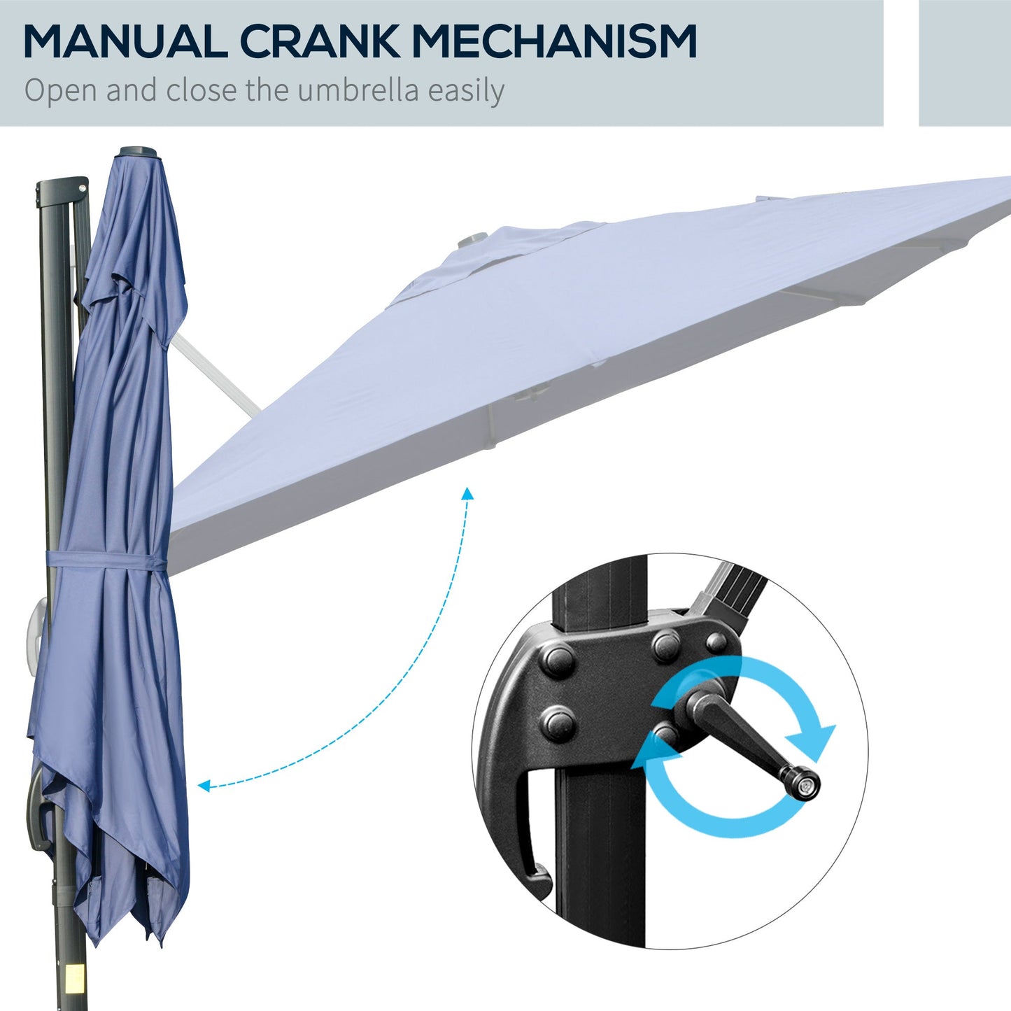 10x10ft Cantilever Umbrella with 4 Adjustable Angle and Rotation, Square Top Market Parasol with Aluminum Pole and Ribs for Backyard Patio Outdoor Area, Blue