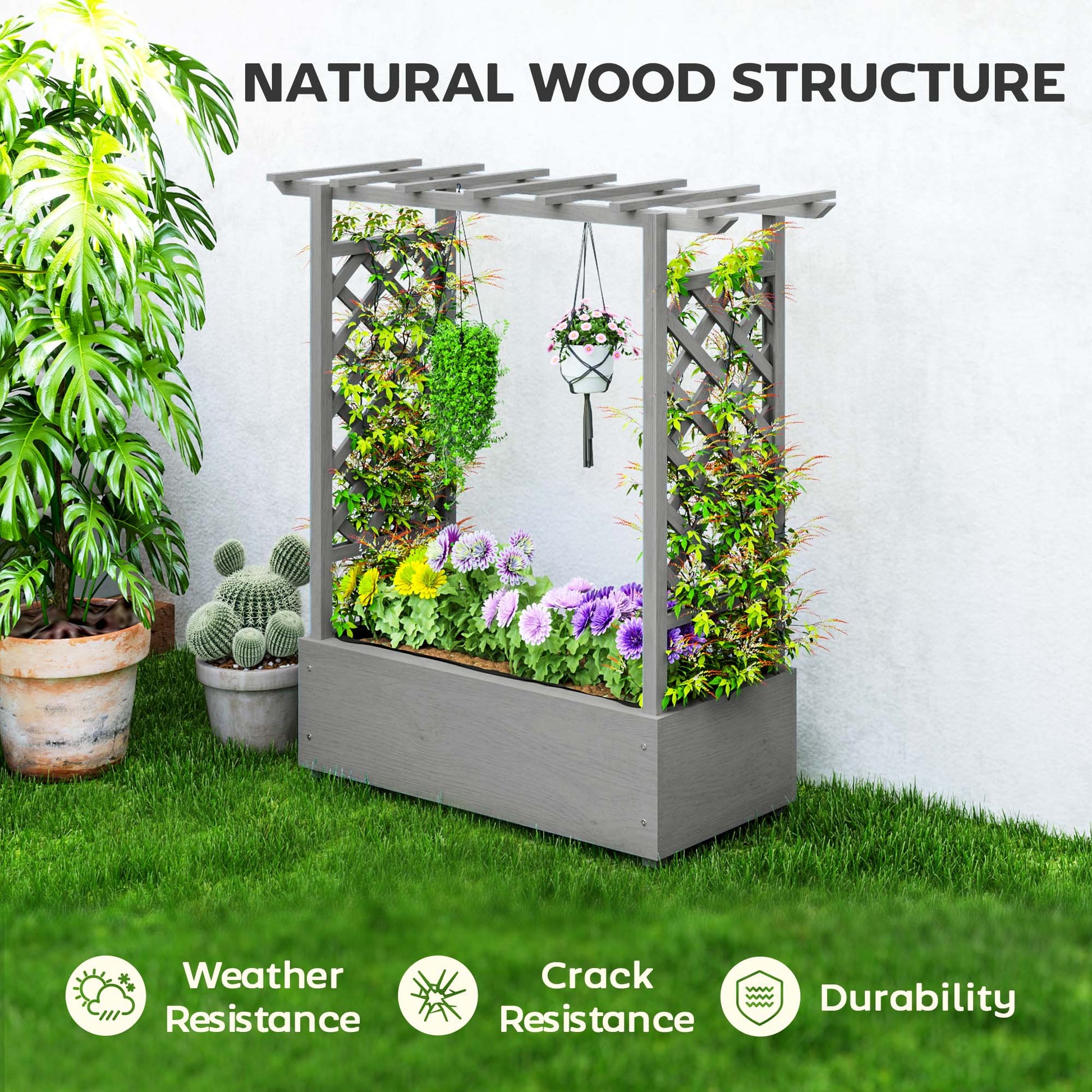Raised Garden Bed with Trellis, Wood Planter Box with Hanging Roof and Drainage Holes, Elevated Planter Box with Bed Liner for Climbing Plants, Vegetables, Flowers, Grey