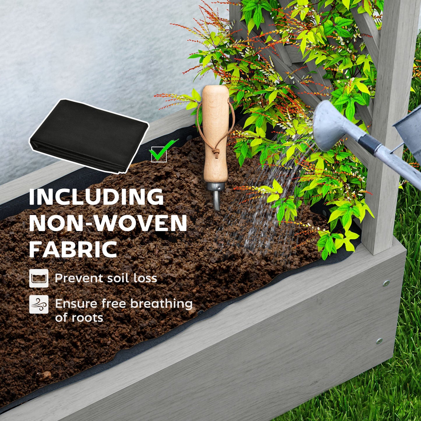 Raised Garden Bed with Trellis, Wood Planter Box with Hanging Roof and Drainage Holes, Elevated Planter Box with Bed Liner for Climbing Plants, Vegetables, Flowers, Grey