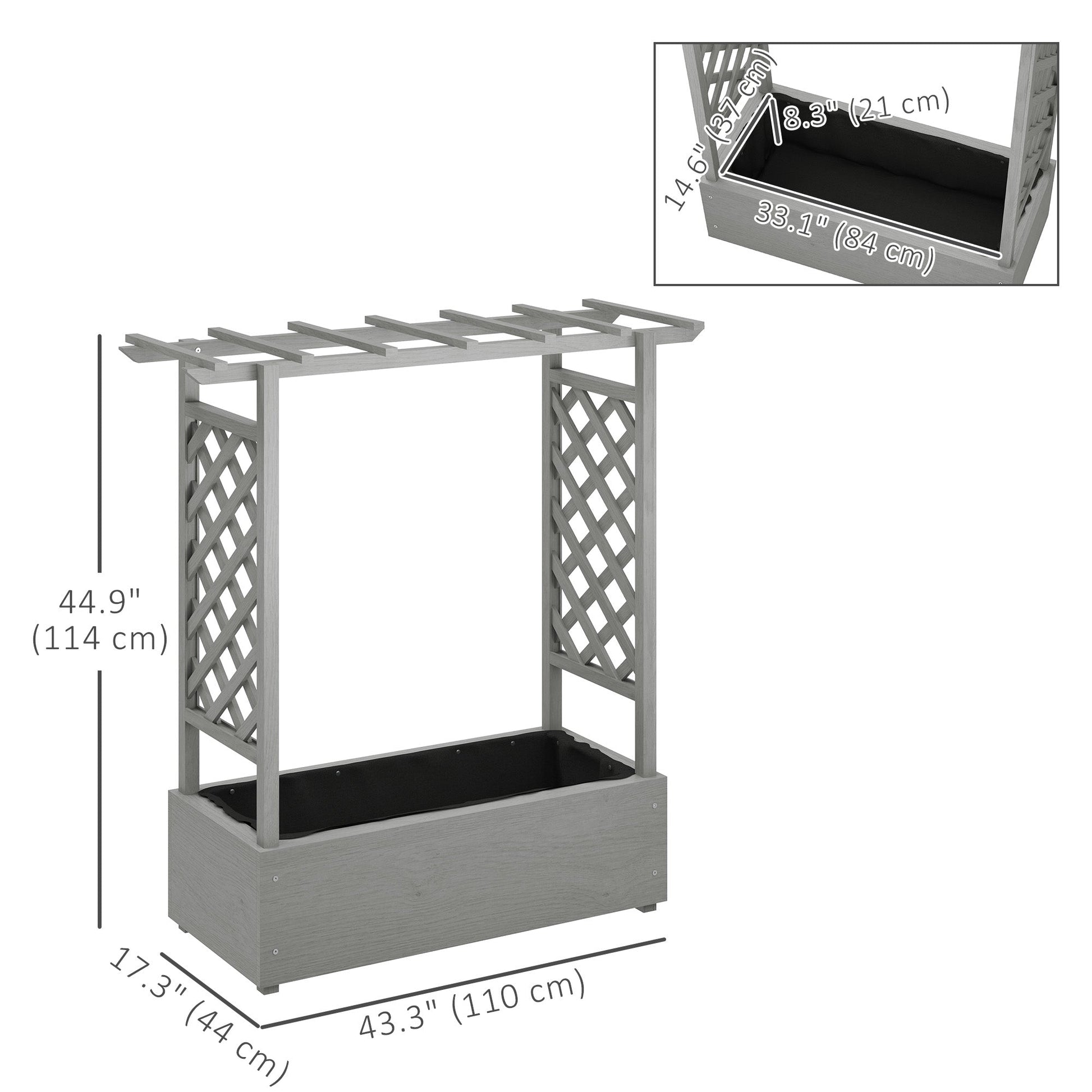 Raised Garden Bed with Trellis, Wood Planter Box with Hanging Roof and Drainage Holes, Elevated Planter Box with Bed Liner for Climbing Plants, Vegetables, Flowers, Grey