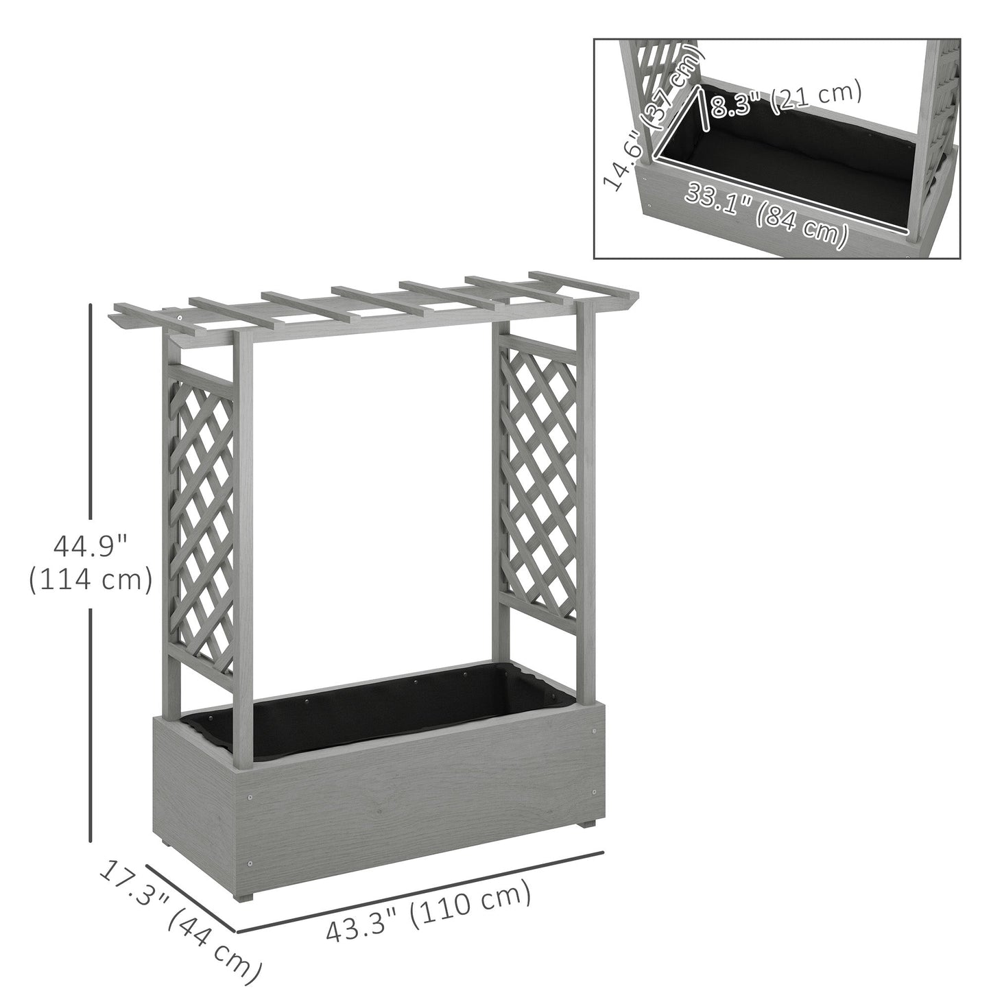 Raised Garden Bed with Trellis, Wood Planter Box with Hanging Roof and Drainage Holes, Elevated Planter Box with Bed Liner for Climbing Plants, Vegetables, Flowers, Grey