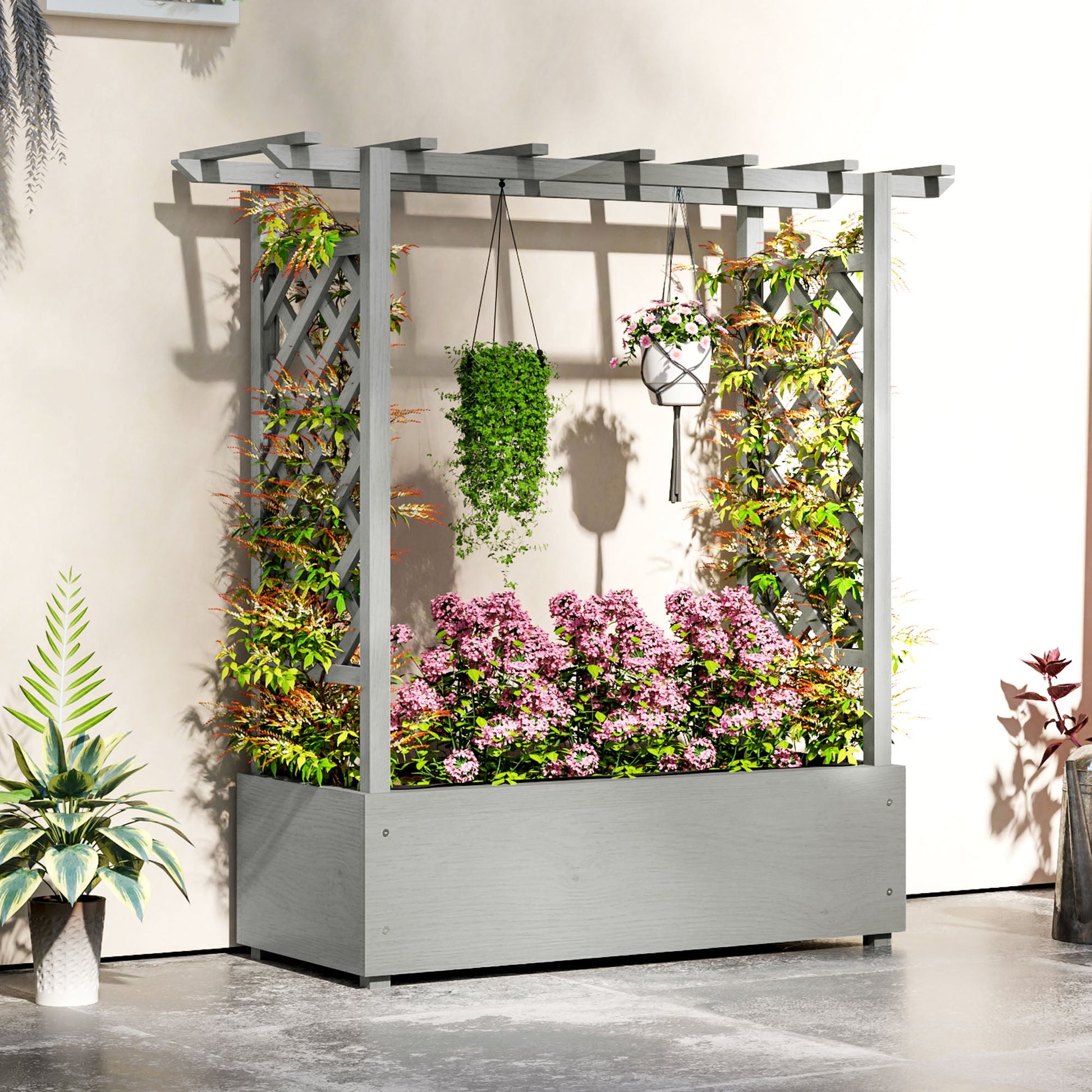 Raised Garden Bed with Trellis, Wood Planter Box with Hanging Roof and Drainage Holes, Elevated Planter Box with Bed Liner for Climbing Plants, Vegetables, Flowers, Grey