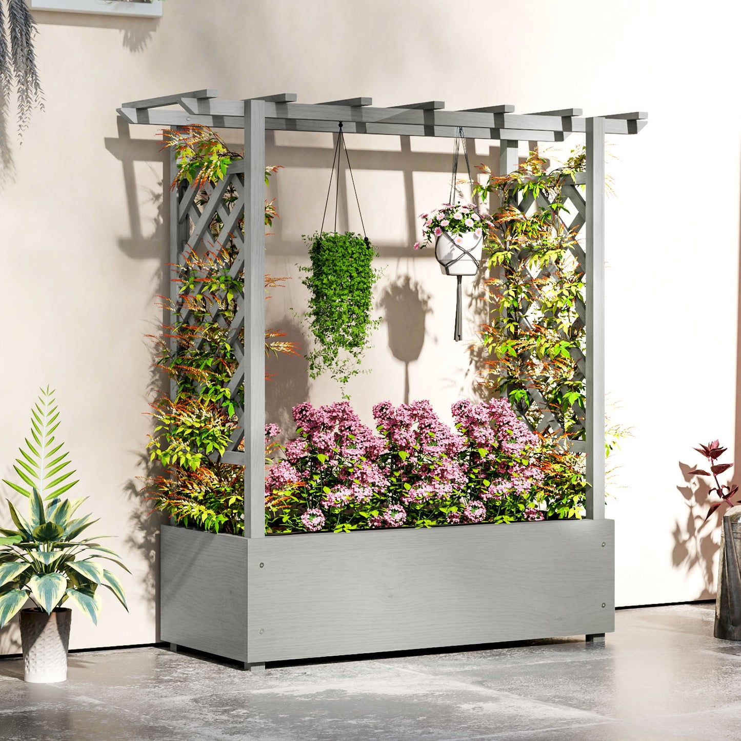 Raised Garden Bed with Trellis, Wood Planter Box with Hanging Roof and Drainage Holes, Elevated Planter Box with Bed Liner for Climbing Plants, Vegetables, Flowers, Grey