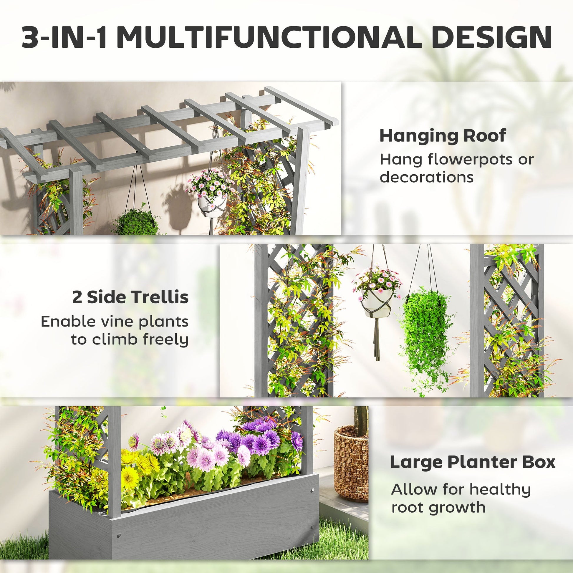Raised Garden Bed with Trellis, Wood Planter Box with Hanging Roof and Drainage Holes, Elevated Planter Box with Bed Liner for Climbing Plants, Vegetables, Flowers, Grey