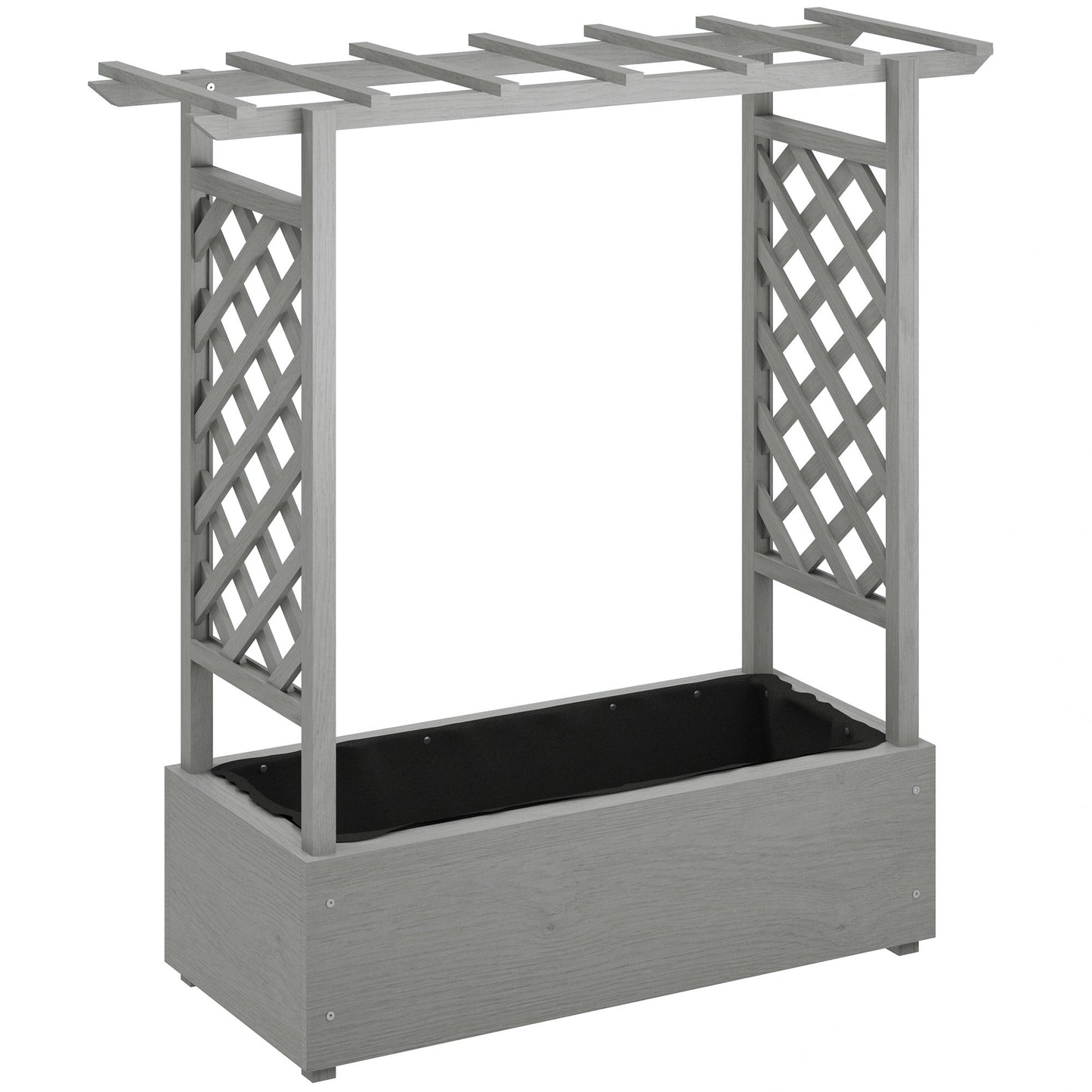 Raised Garden Bed with Trellis, Wood Planter Box with Hanging Roof and Drainage Holes, Elevated Planter Box with Bed Liner for Climbing Plants, Vegetables, Flowers, Grey