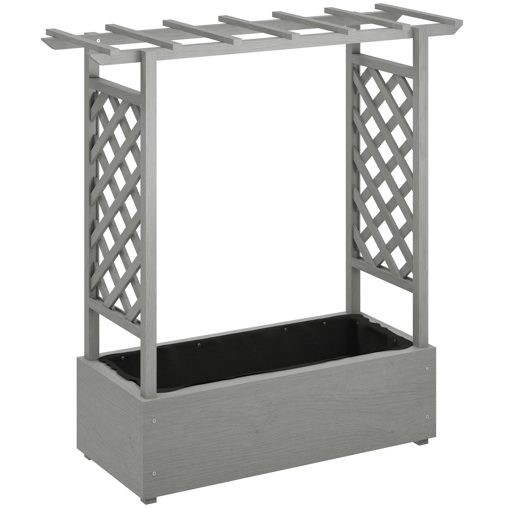 Raised Garden Bed with Trellis, Wood Planter Box with Hanging Roof and Drainage Holes, Elevated Planter Box with Bed Liner for Climbing Plants, Vegetables, Flowers, Grey