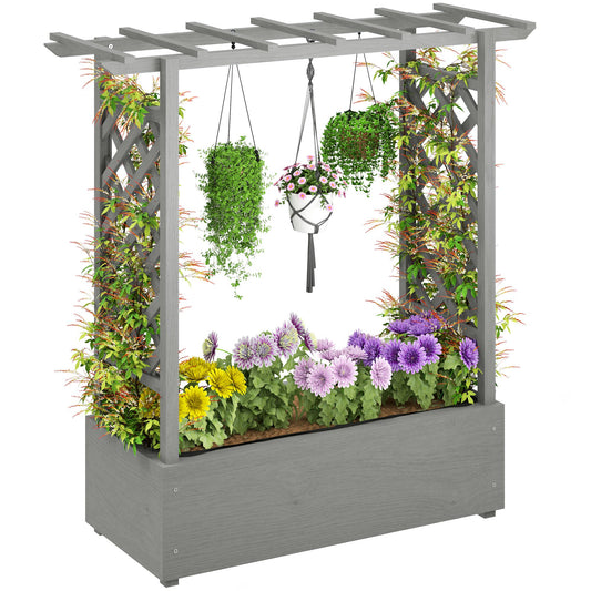 Raised Garden Bed with Trellis, Wood Planter Box with Hanging Roof and Drainage Holes, Elevated Planter Box with Bed Liner for Climbing Plants, Vegetables, Flowers, Grey