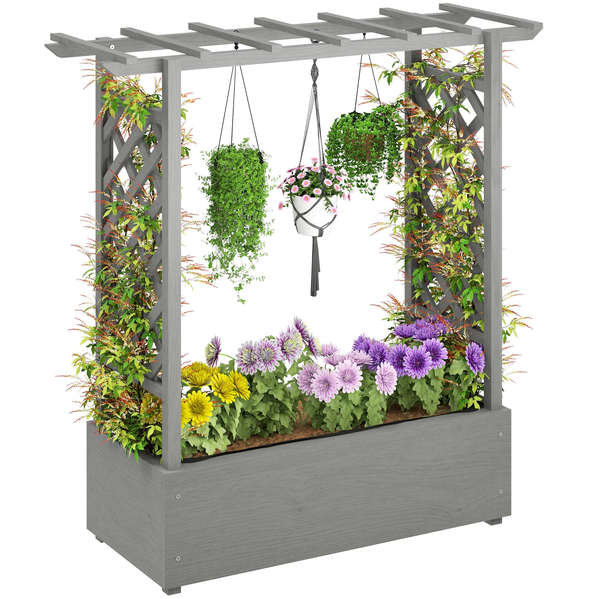 Raised Garden Bed with Trellis, Wood Planter Box with Hanging Roof and Drainage Holes, Elevated Planter Box with Bed Liner for Climbing Plants, Vegetables, Flowers, Grey