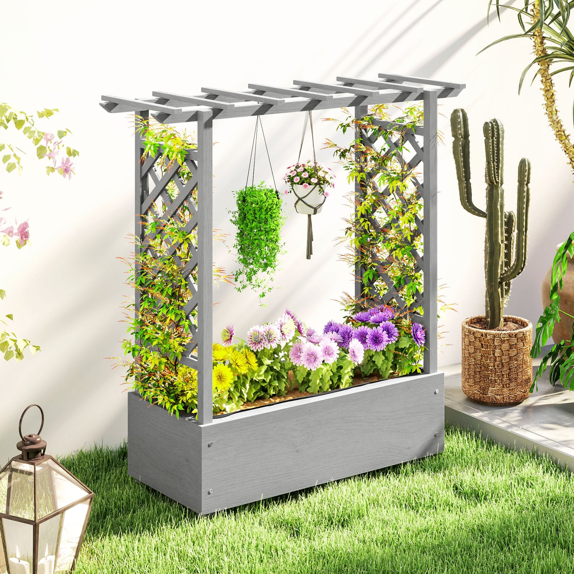 Raised Garden Bed with Trellis, Wood Planter Box with Hanging Roof and Drainage Holes, Elevated Planter Box with Bed Liner for Climbing Plants, Vegetables, Flowers, Grey