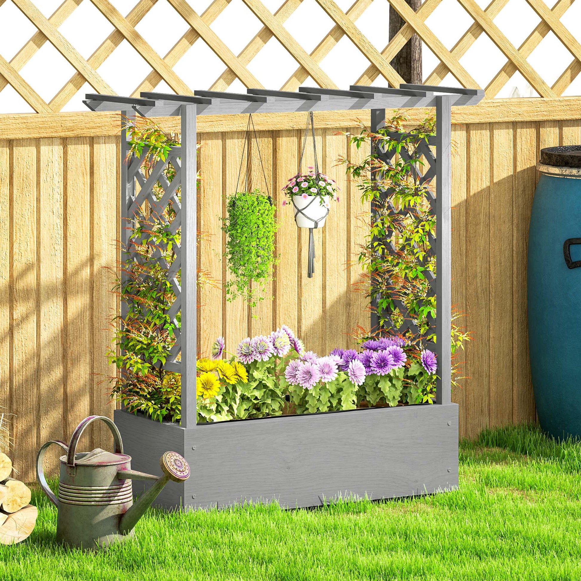 Raised Garden Bed with Trellis, Wood Planter Box with Hanging Roof and Drainage Holes, Elevated Planter Box with Bed Liner for Climbing Plants, Vegetables, Flowers, Grey