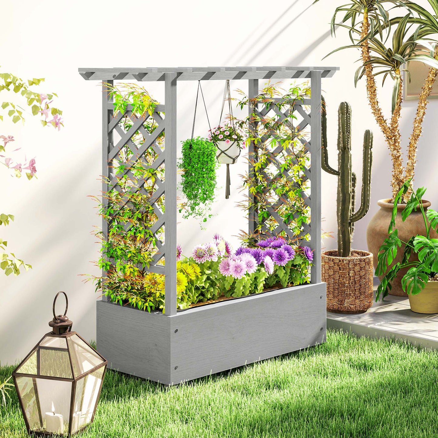 Raised Garden Bed with Trellis, Wood Planter Box with Hanging Roof and Drainage Holes, Elevated Planter Box with Bed Liner for Climbing Plants, Vegetables, Flowers, Grey