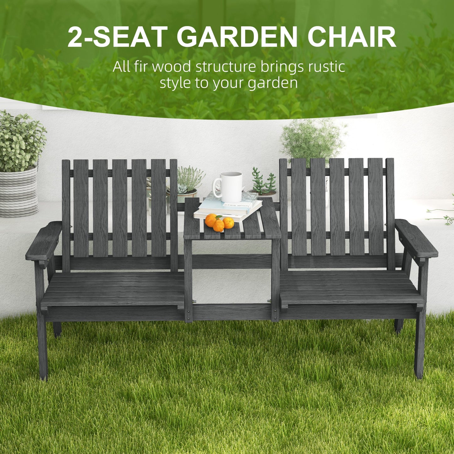 2-Seater Outdoor Wooden Bench with Middle Table and Umbrella Hole, Garden Bench for 2 Persons, Patio Loveseat with Slatted Seat and Back, Grey
