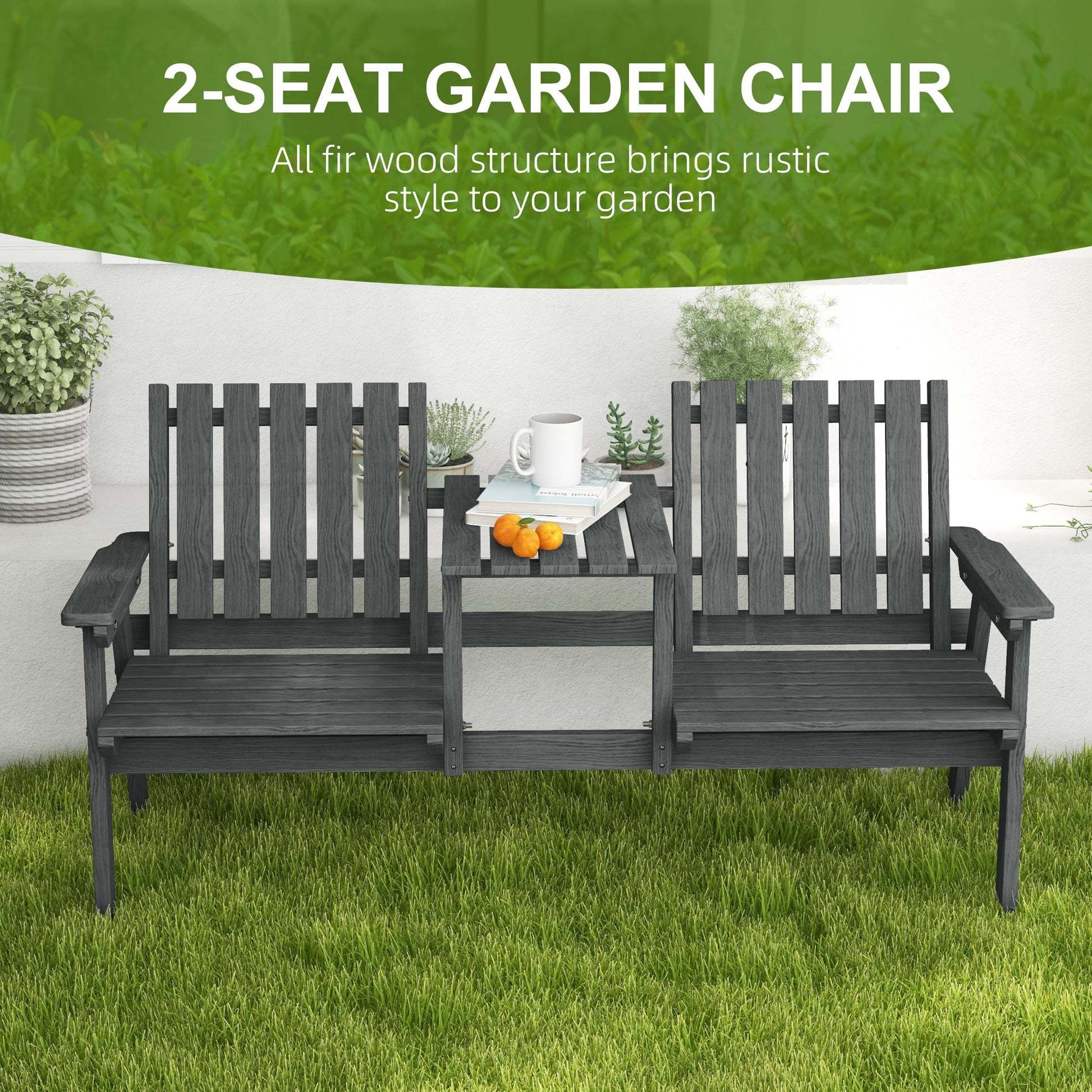 2-Seater Outdoor Wooden Bench with Middle Table and Umbrella Hole, Garden Bench for 2 Persons, Patio Loveseat with Slatted Seat and Back, Grey