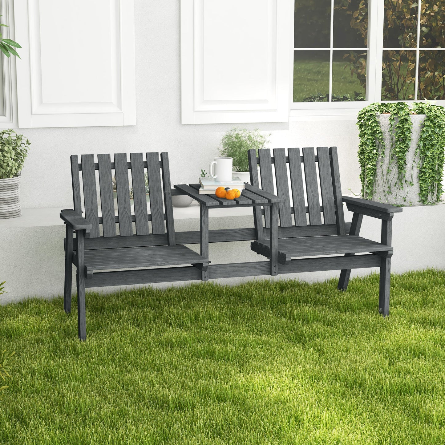 2-Seater Outdoor Wooden Bench with Middle Table and Umbrella Hole, Garden Bench for 2 Persons, Patio Loveseat with Slatted Seat and Back, Grey