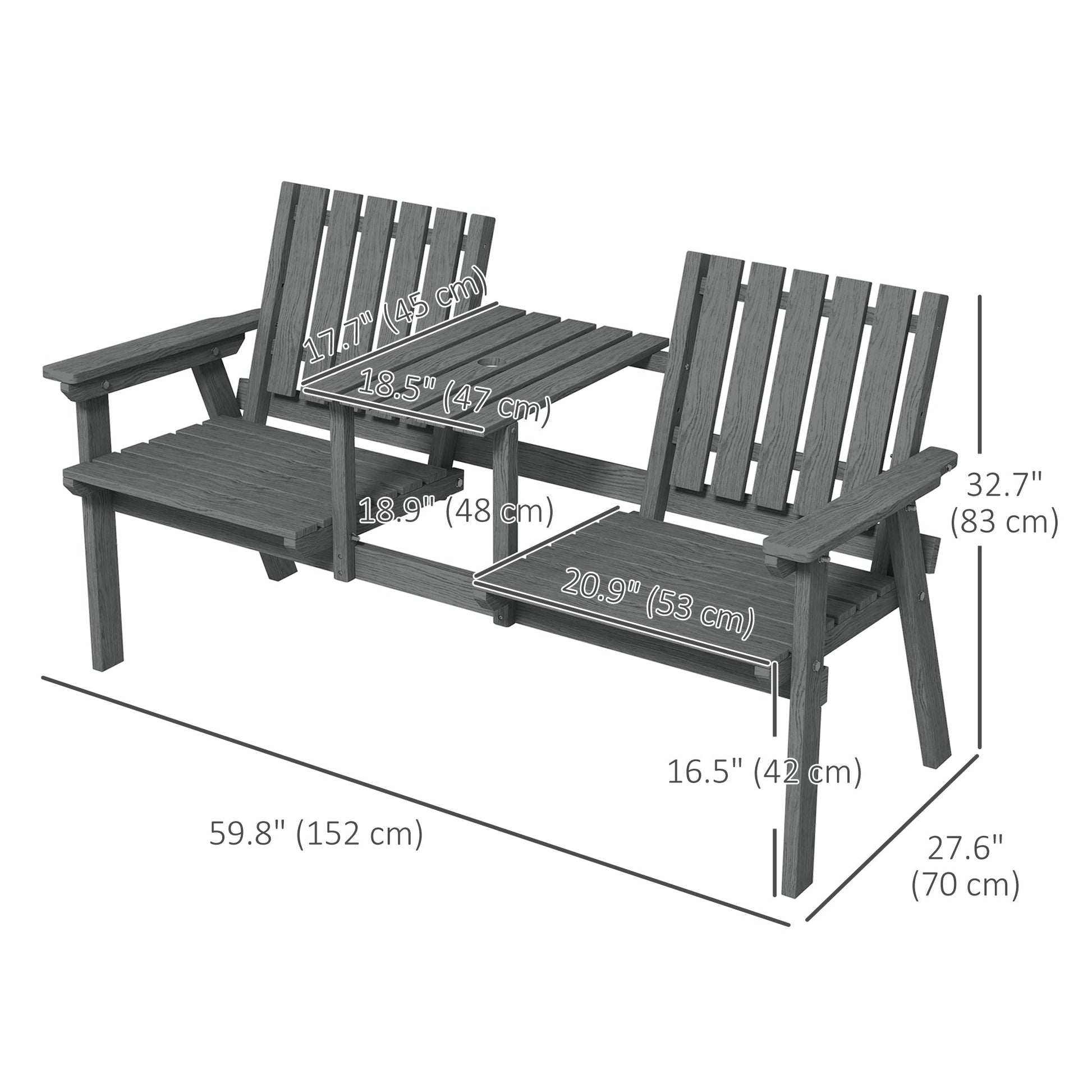 2-Seater Outdoor Wooden Bench with Middle Table and Umbrella Hole, Garden Bench for 2 Persons, Patio Loveseat with Slatted Seat and Back, Grey