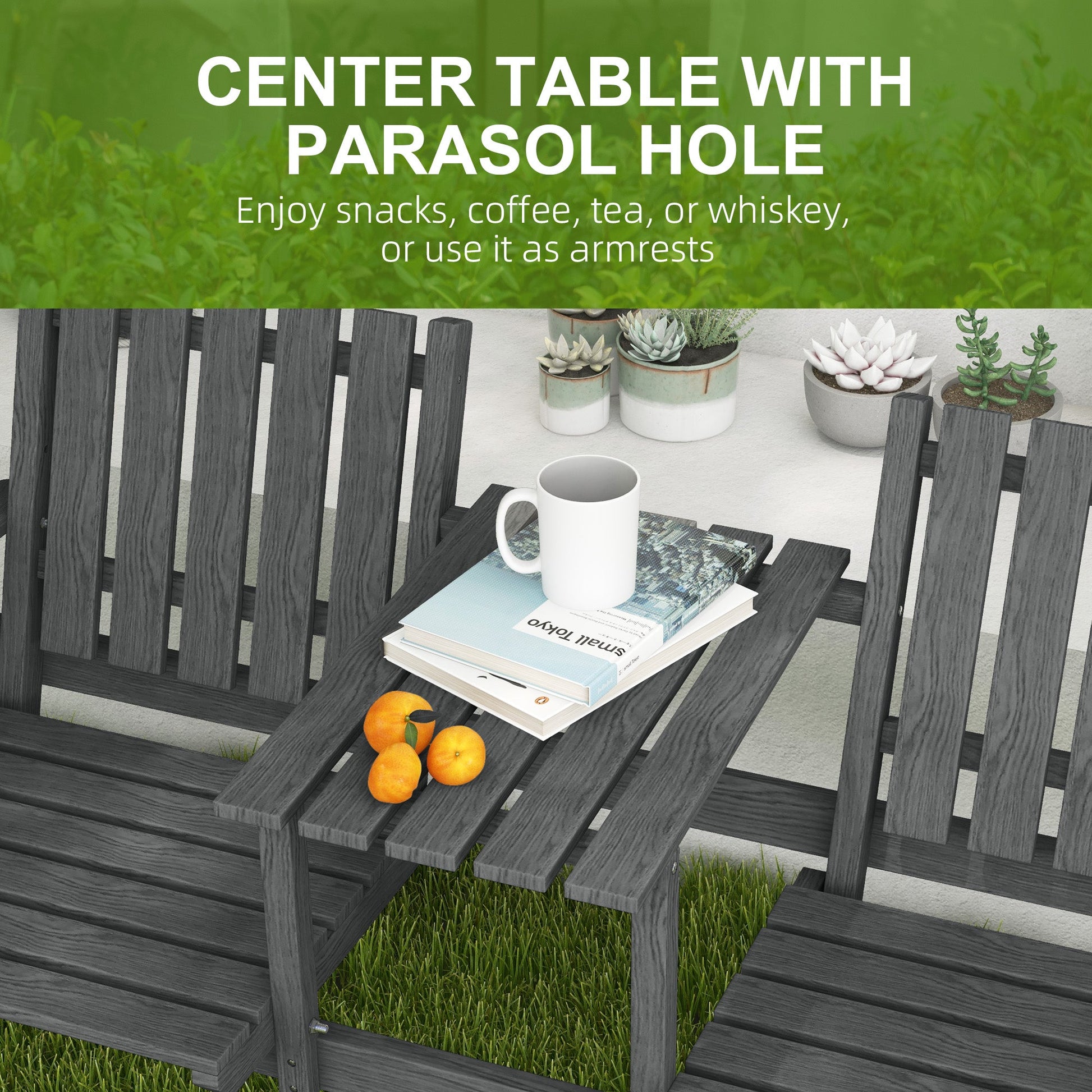 2-Seater Outdoor Wooden Bench with Middle Table and Umbrella Hole, Garden Bench for 2 Persons, Patio Loveseat with Slatted Seat and Back, Grey