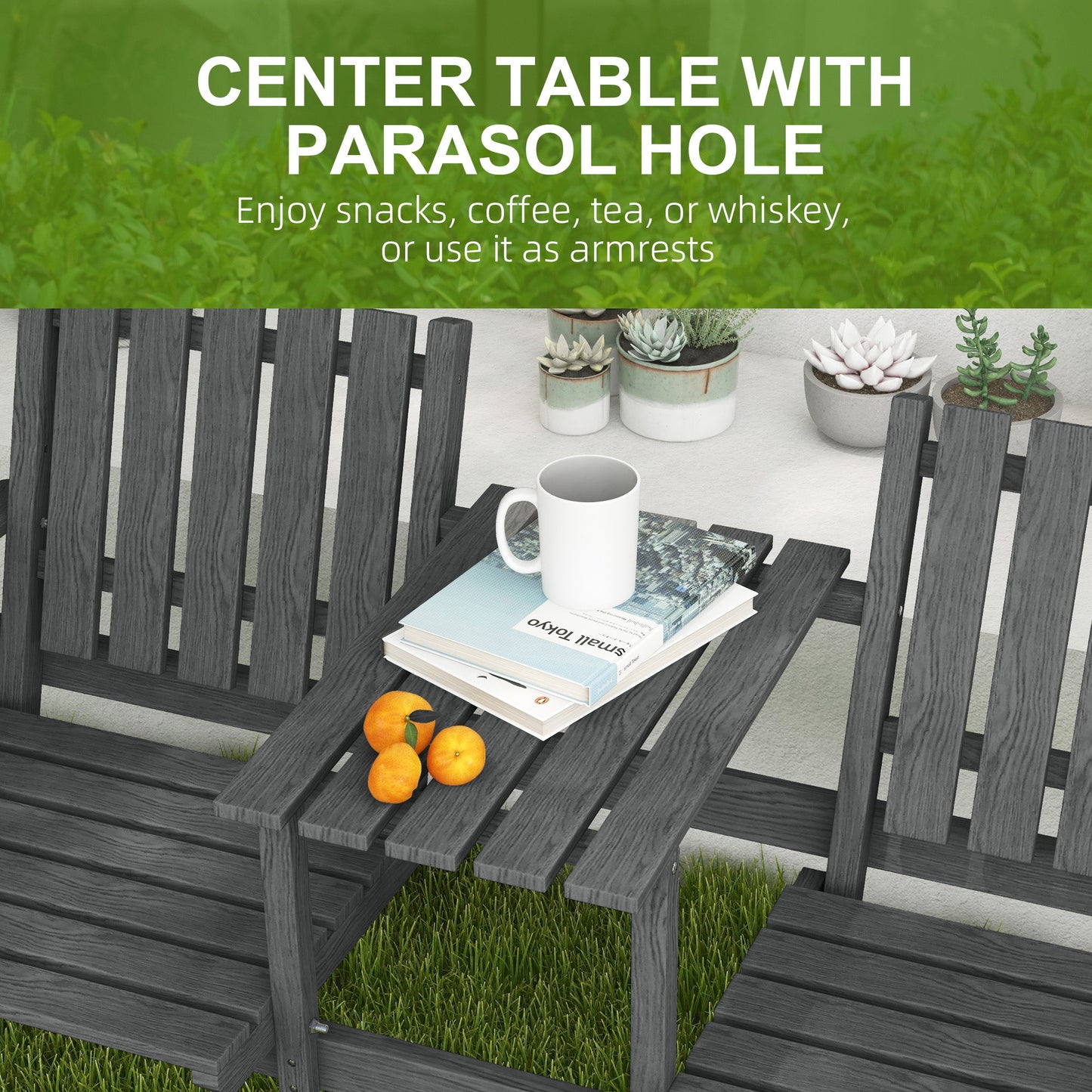 2-Seater Outdoor Wooden Bench with Middle Table and Umbrella Hole, Garden Bench for 2 Persons, Patio Loveseat with Slatted Seat and Back, Grey