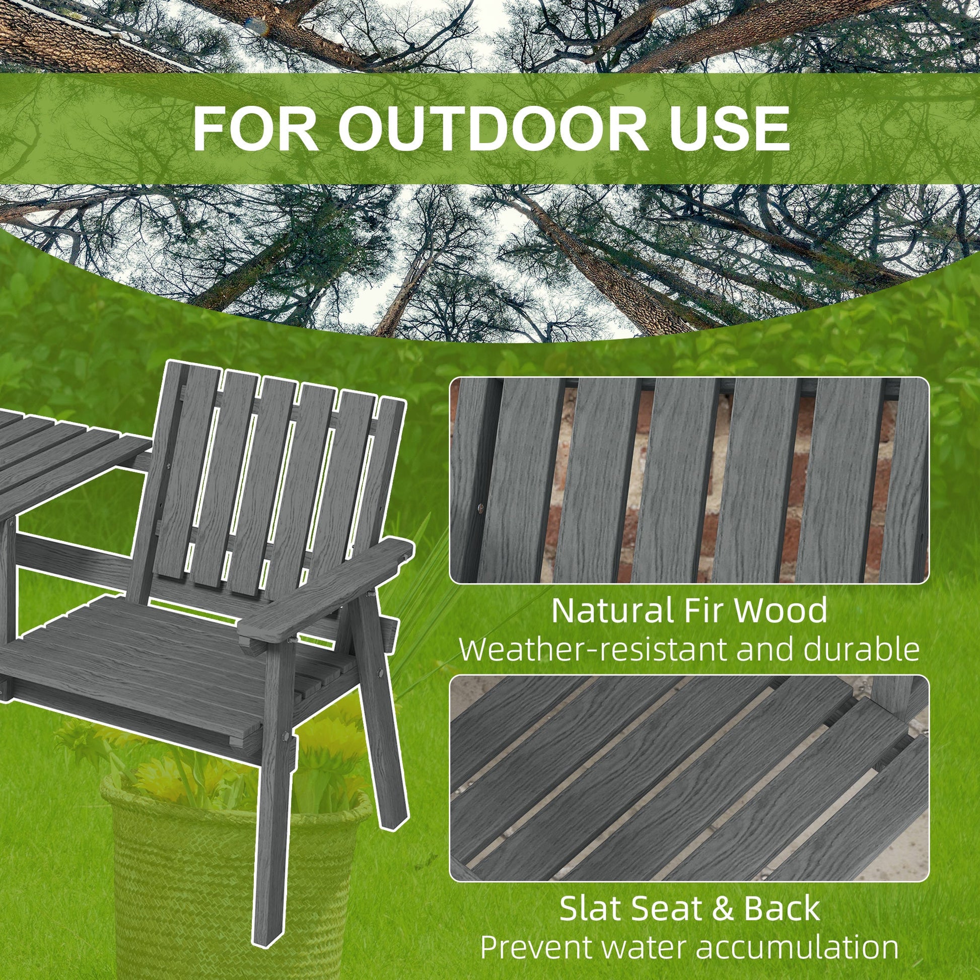 2-Seater Outdoor Wooden Bench with Middle Table and Umbrella Hole, Garden Bench for 2 Persons, Patio Loveseat with Slatted Seat and Back, Grey