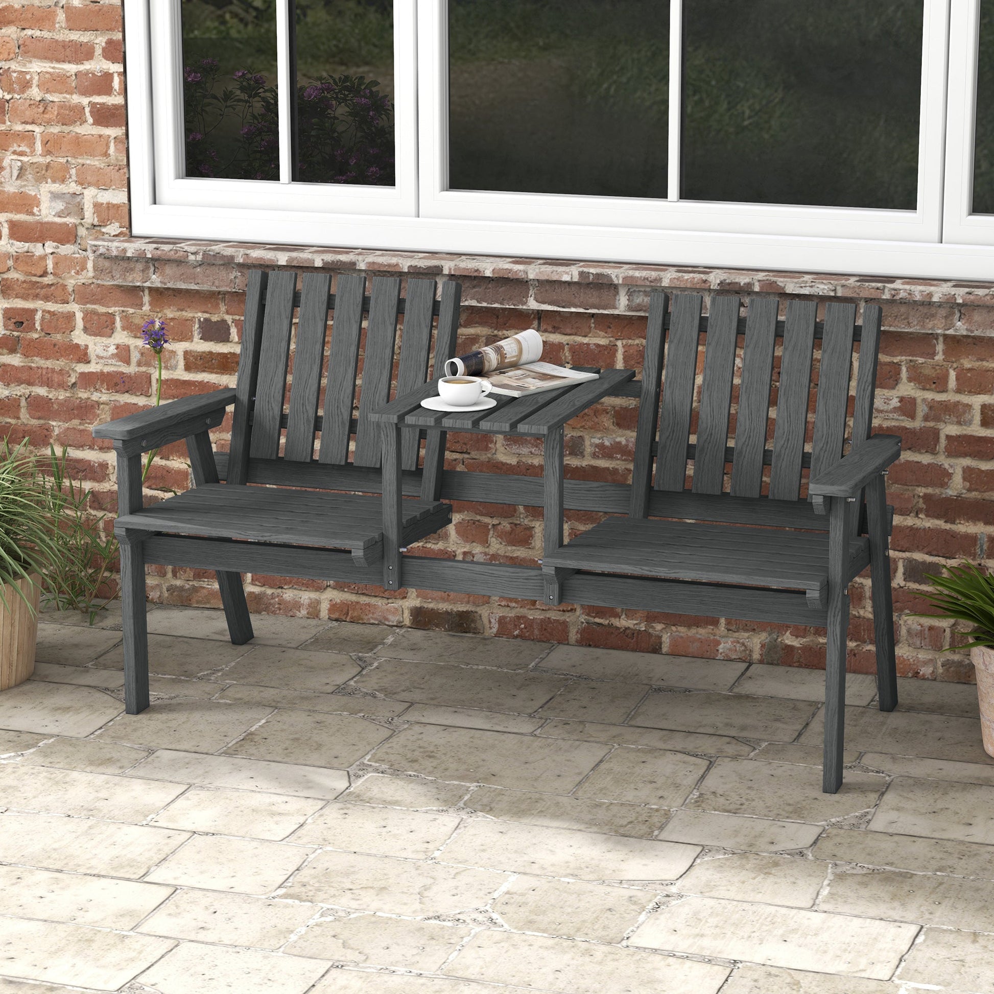 2-Seater Outdoor Wooden Bench with Middle Table and Umbrella Hole, Garden Bench for 2 Persons, Patio Loveseat with Slatted Seat and Back, Grey