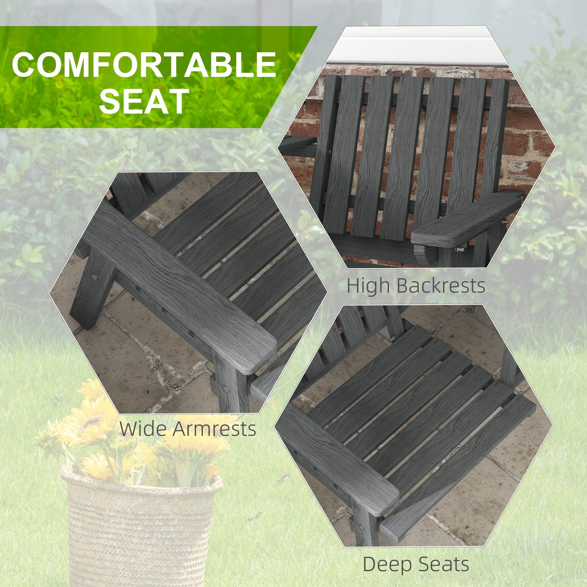 2-Seater Outdoor Wooden Bench with Middle Table and Umbrella Hole, Garden Bench for 2 Persons, Patio Loveseat with Slatted Seat and Back, Grey