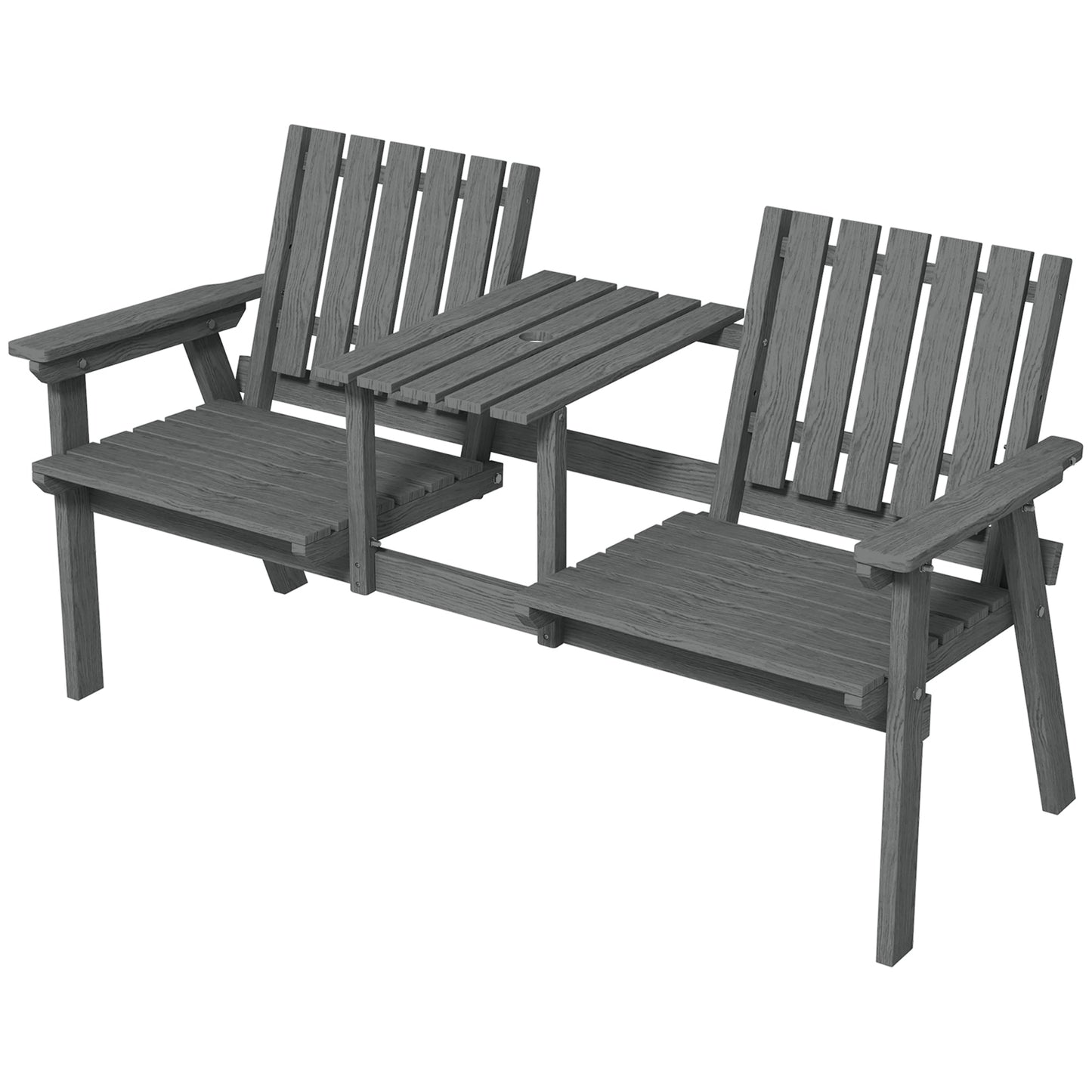 2-Seater Outdoor Wooden Bench with Middle Table and Umbrella Hole, Garden Bench for 2 Persons, Patio Loveseat with Slatted Seat and Back, Grey