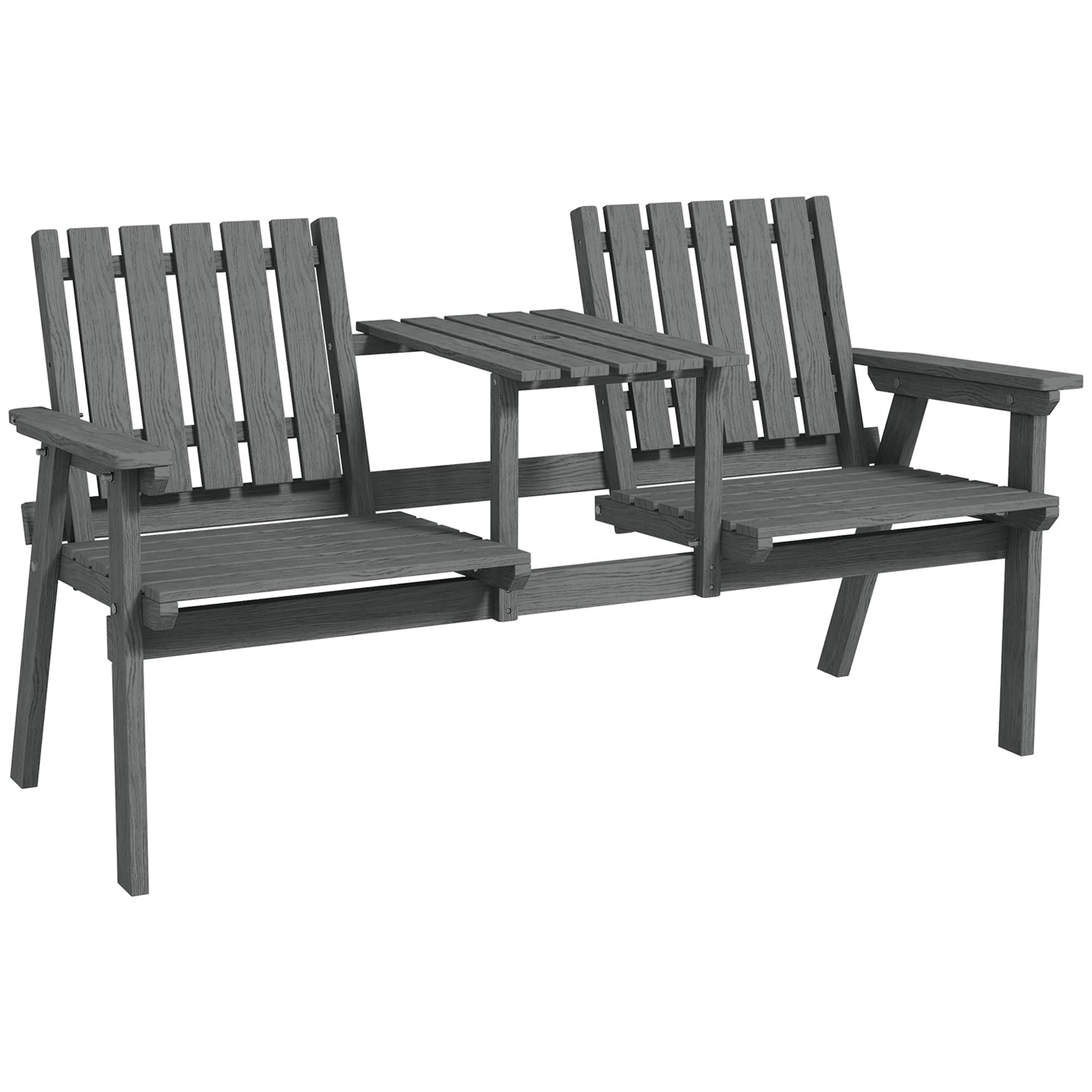 2-Seater Outdoor Wooden Bench with Middle Table and Umbrella Hole, Garden Bench for 2 Persons, Patio Loveseat with Slatted Seat and Back, Grey