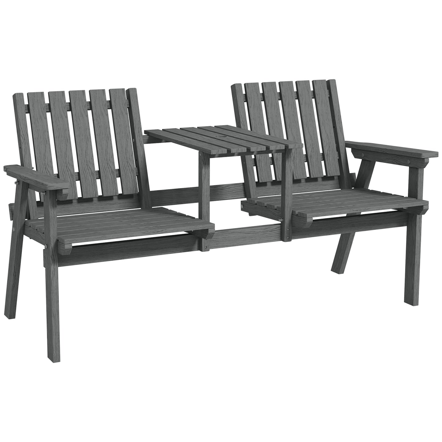 2-Seater Outdoor Wooden Bench with Middle Table and Umbrella Hole, Garden Bench for 2 Persons, Patio Loveseat with Slatted Seat and Back, Grey