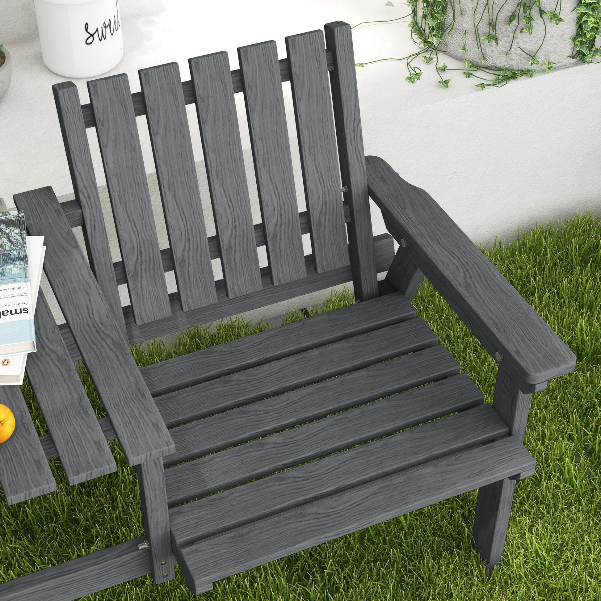 2-Seater Outdoor Wooden Bench with Middle Table and Umbrella Hole, Garden Bench for 2 Persons, Patio Loveseat with Slatted Seat and Back, Grey