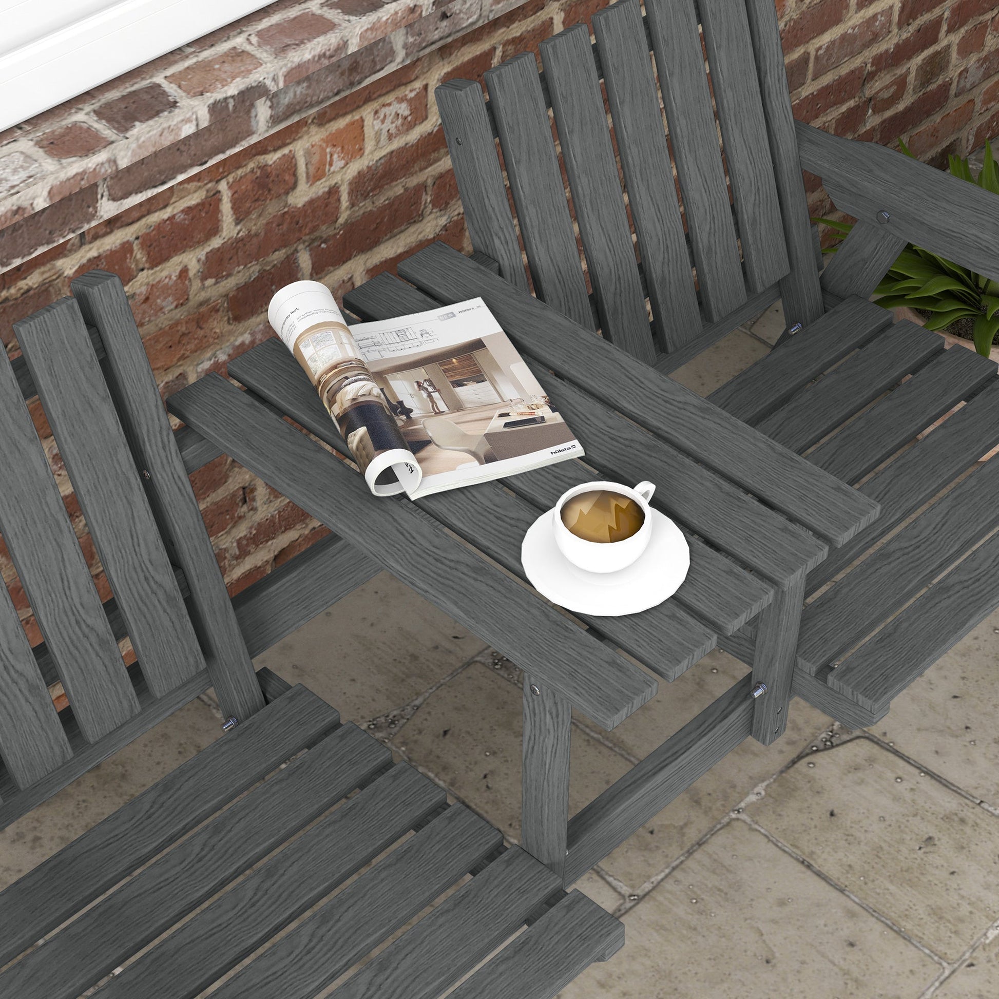 2-Seater Outdoor Wooden Bench with Middle Table and Umbrella Hole, Garden Bench for 2 Persons, Patio Loveseat with Slatted Seat and Back, Grey